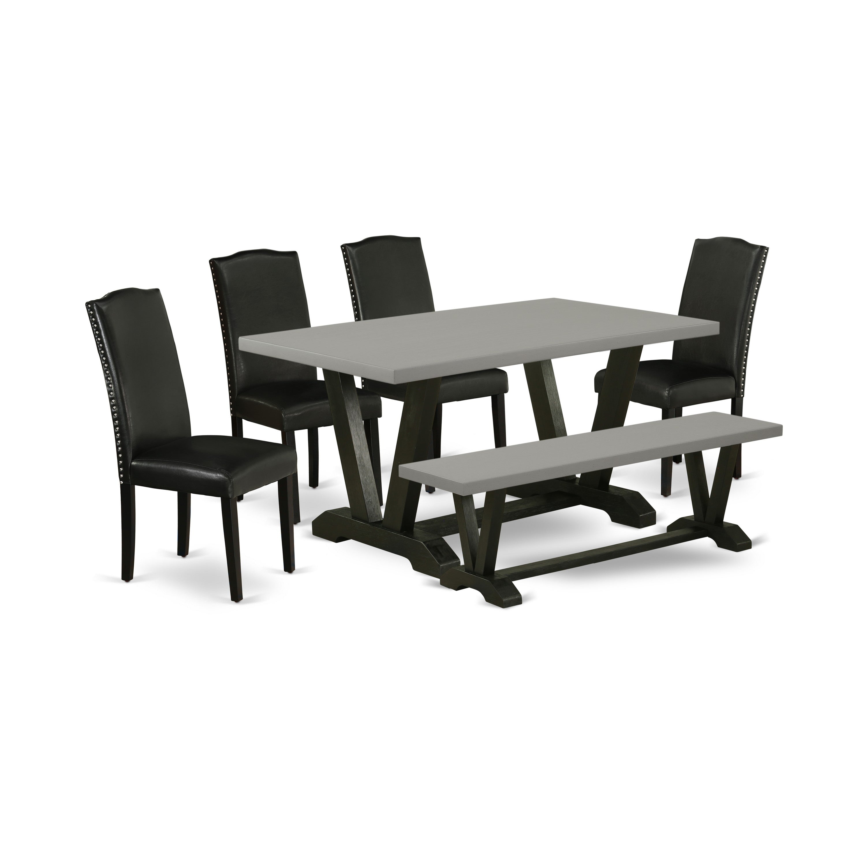 EAST WEST FURNITURE - V696EN169-6 - 6-Pc Dining Table Set - 4 Parson Chairs, a Dining Bench and 1 Dining Table (Wire Brushed Black Finish)
