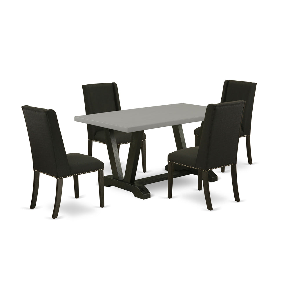 East West Furniture V696FL624-5 5-Pc Dining room Table SetIncluded 4 Kitchen Dining chairs Upholstered Nails Head Seat and Stylish Chair Back and Rectangular Dinette Table with Cement Color Mid Century Dining Table top (Black Finish)