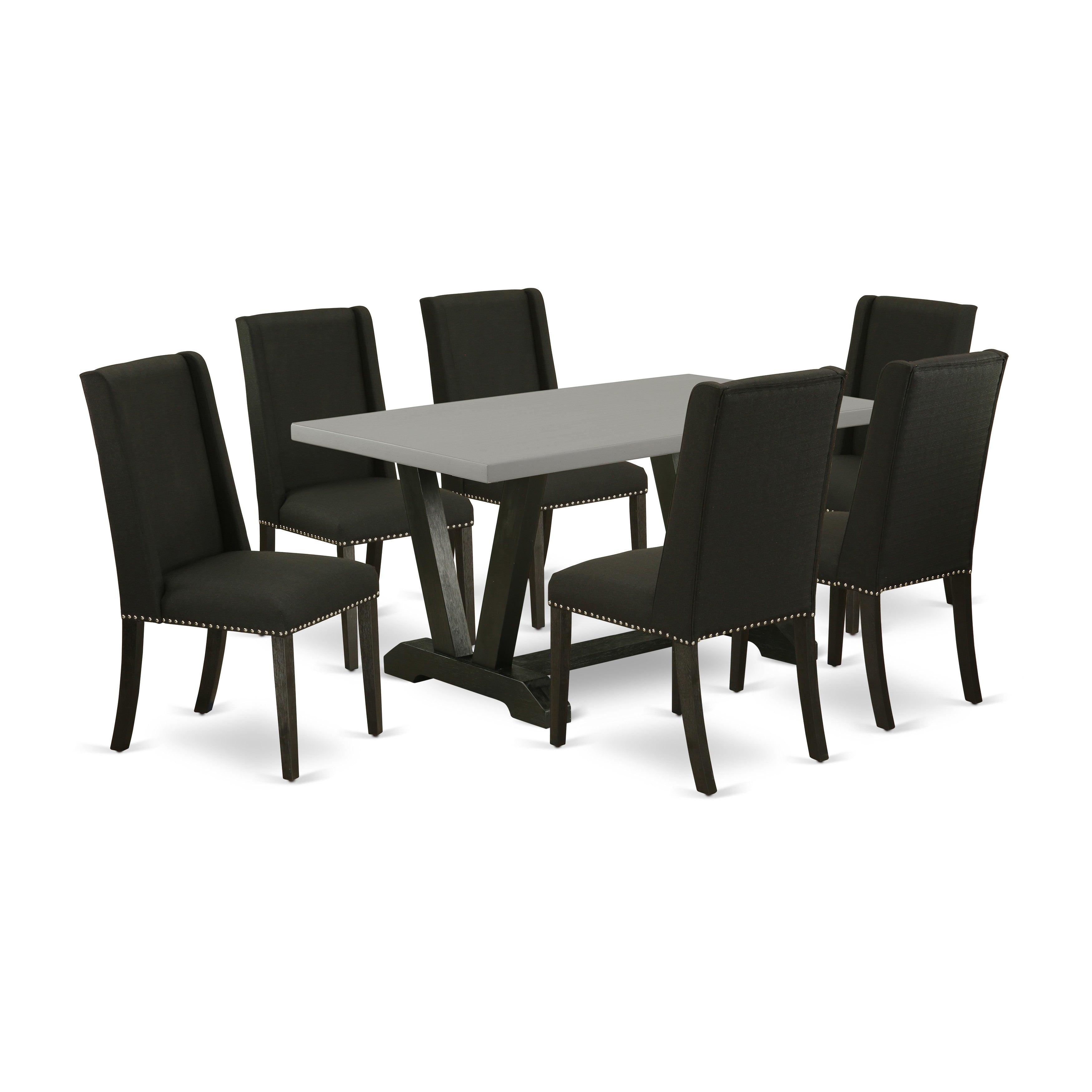 East West Furniture V696FL624-7 7-Pc kitchen table set a beautiful Cement Color dining table top and 6 gorgeous dining room chairs with Nail heads and High Stylish Chair Back, Wire Brushed Black Finish