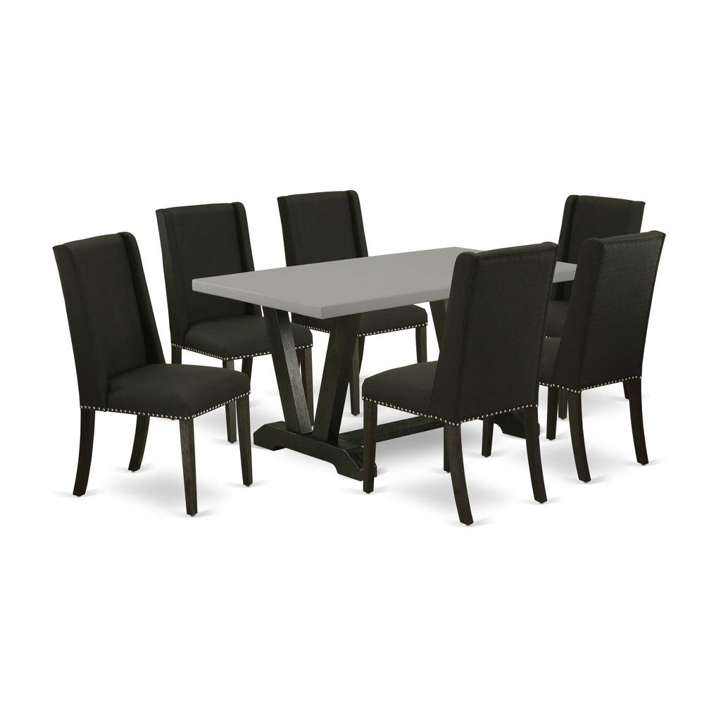 East West Furniture V696FL624-7 7-Pc kitchen table set a beautiful Cement Color dining table top and 6 gorgeous dining room chairs with Nail heads and High Stylish Chair Back, Wire Brushed Black Finish