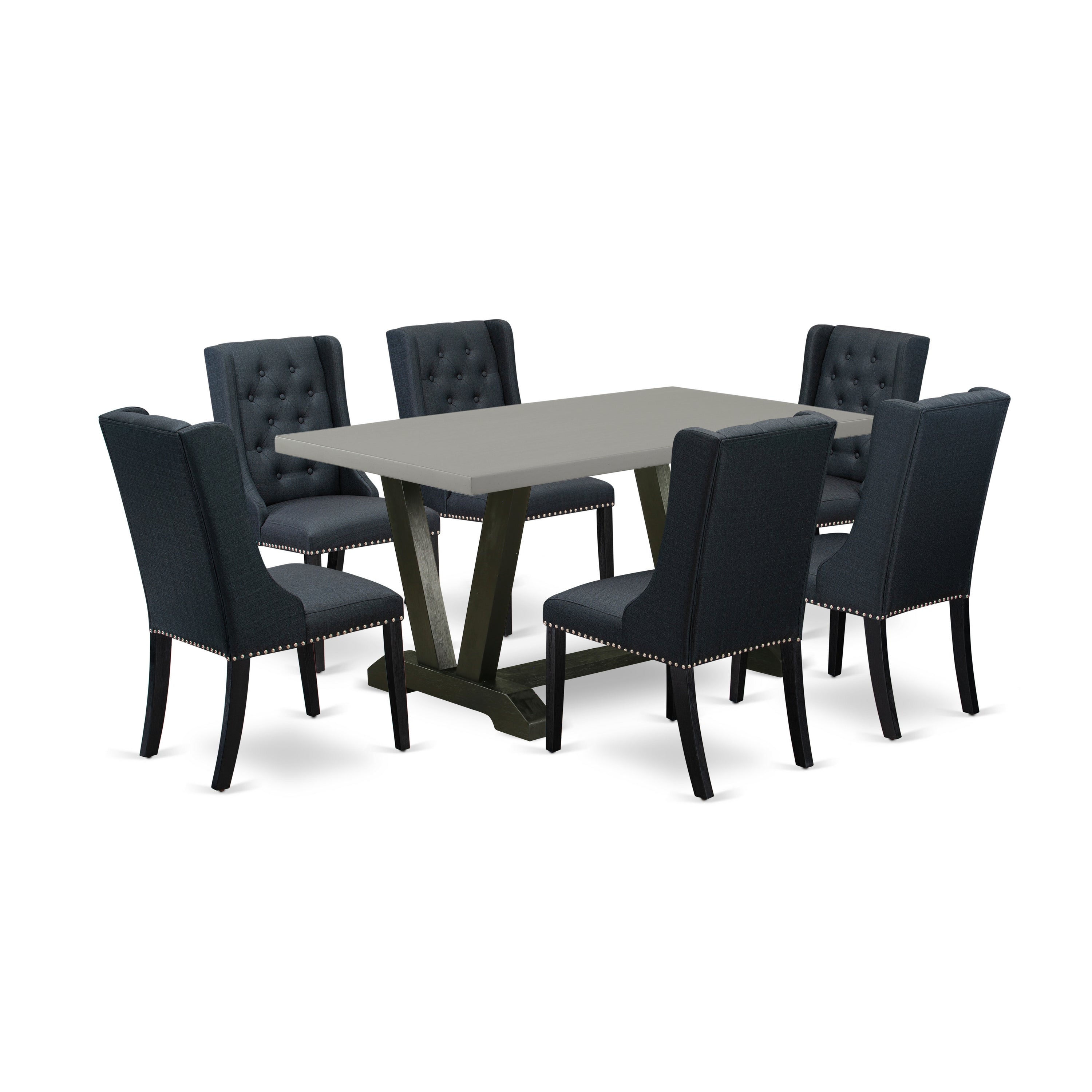 Juego de mesa de cocina de 7 piezas East West Furniture V696FO624-7 compuesto por una mesa de comedor rectangular con patas en V y 6 sillas de comedor Parson de tela de lino negro.