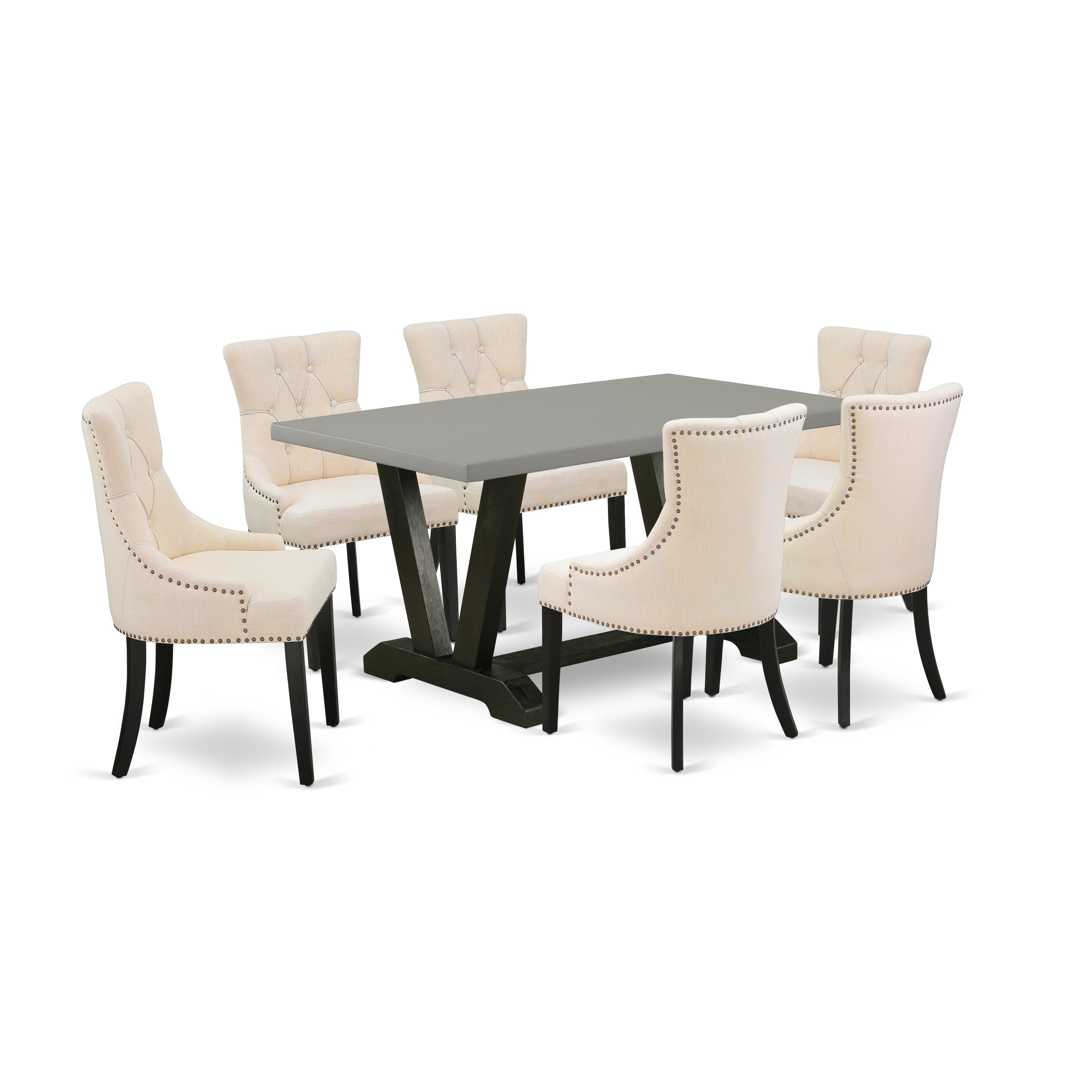 Juego de comedor de 7 piezas East West Furniture V696FR102-7 compuesto por una mesa de comedor rectangular con patas en V y 6 sillas Parson tapizadas en tela de lino beige claro.