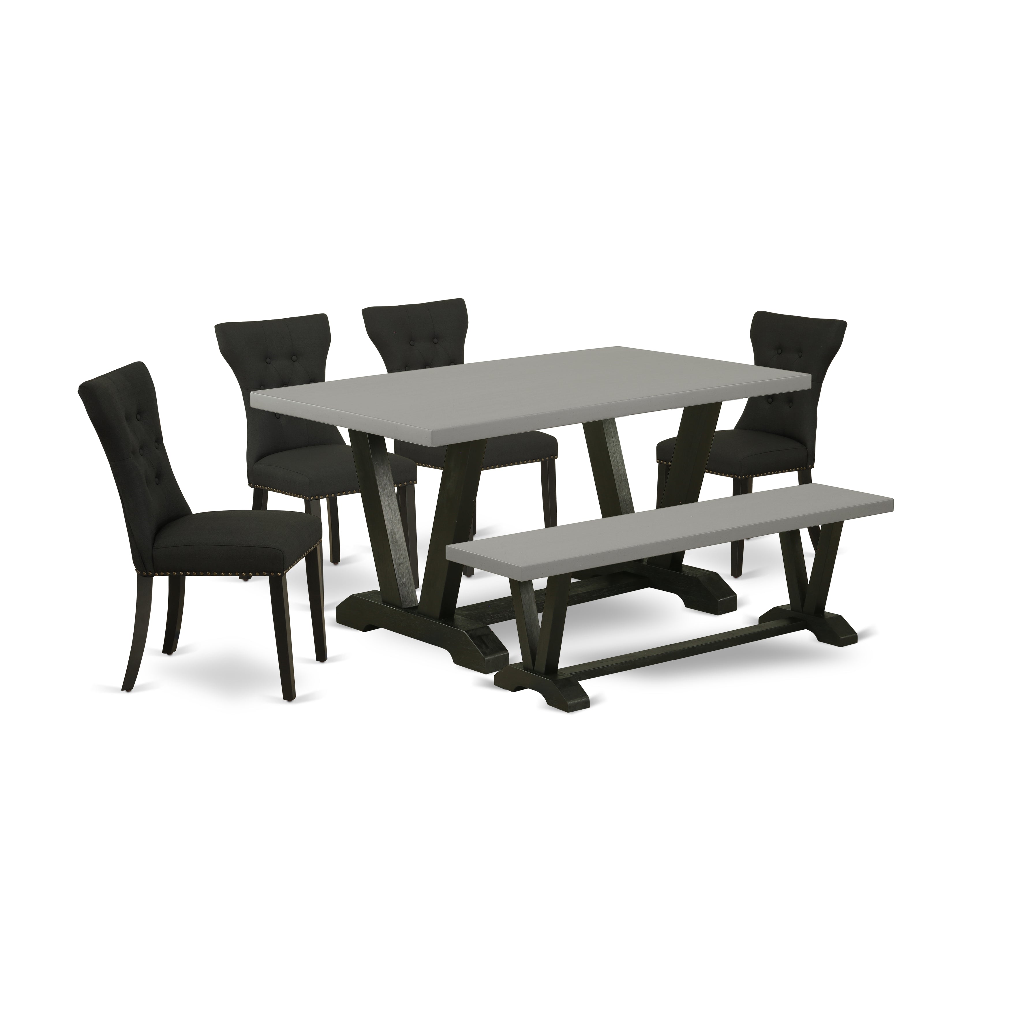East West Furniture V696GA124-6 6 Pc Dining Room Set Contains a Cement Rectangular Table and a Modern Bench, 4 Black Linen Fabric Dining Chairs with Button Tufted Back - Wire Brushed Black Finish