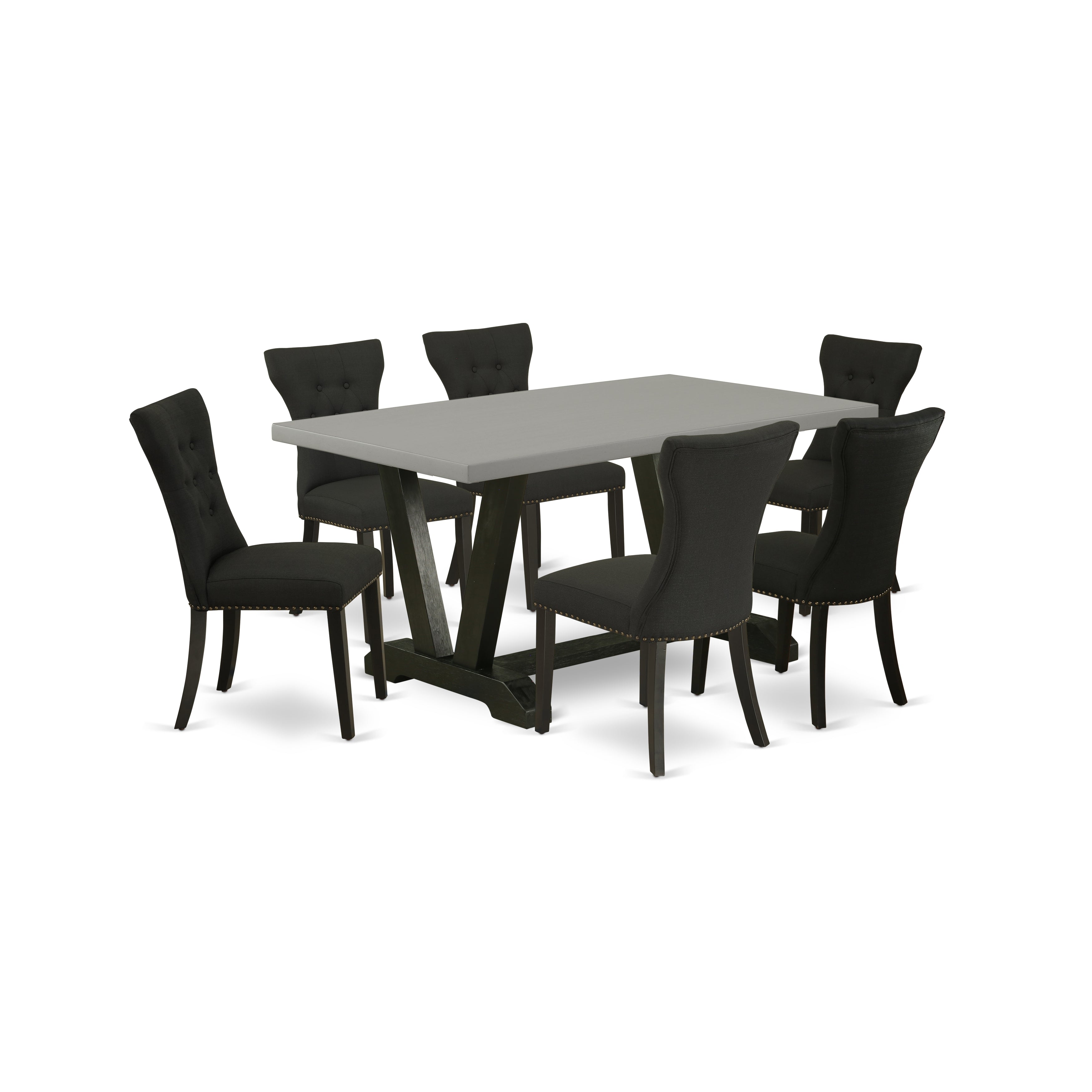 East West Furniture V696GA124-7 7 Piece Dining Room Table Set Consists of a Cement Wood Dining Table and 6 Black Linen Fabric Modern Dining Chairs with Button Tufted Back - Wire Brushed Black Finish
