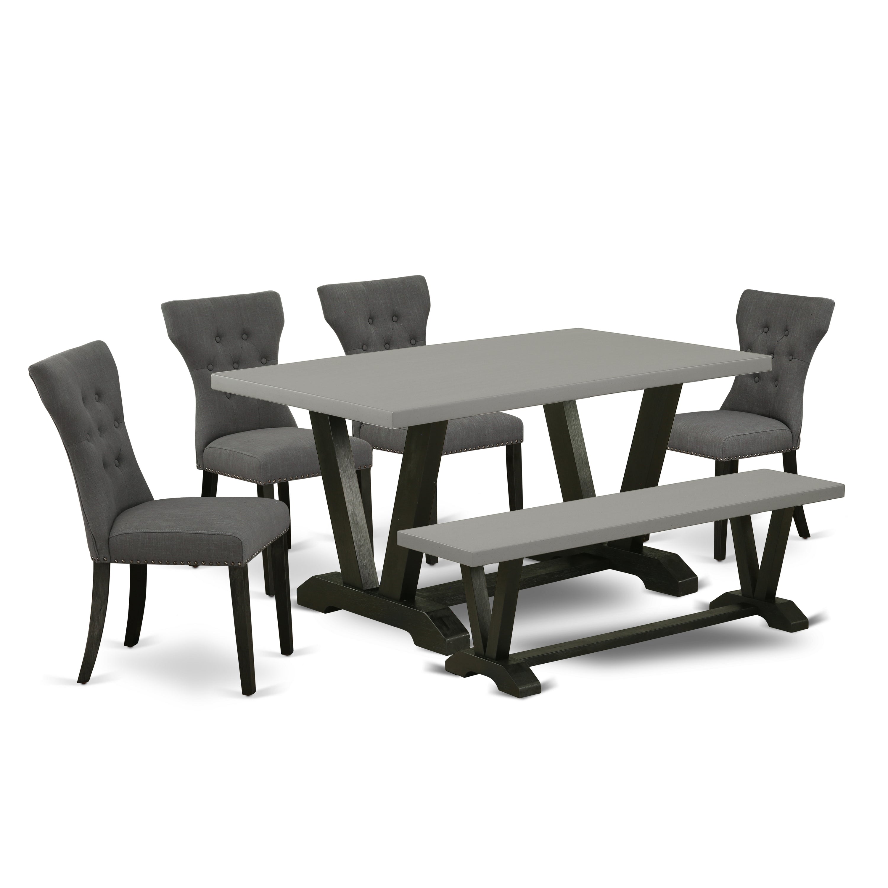 East West Furniture V696GA650-6 6-Pc kitchen table set-Dark Gotham Grey Linen Fabric Seat and Button Tufted Chair Back Parson Dining chairs, A Rectangular Bench and Rectangular top Dining room Table with Wood Legs - Cement and Wire Brushed Black Finish