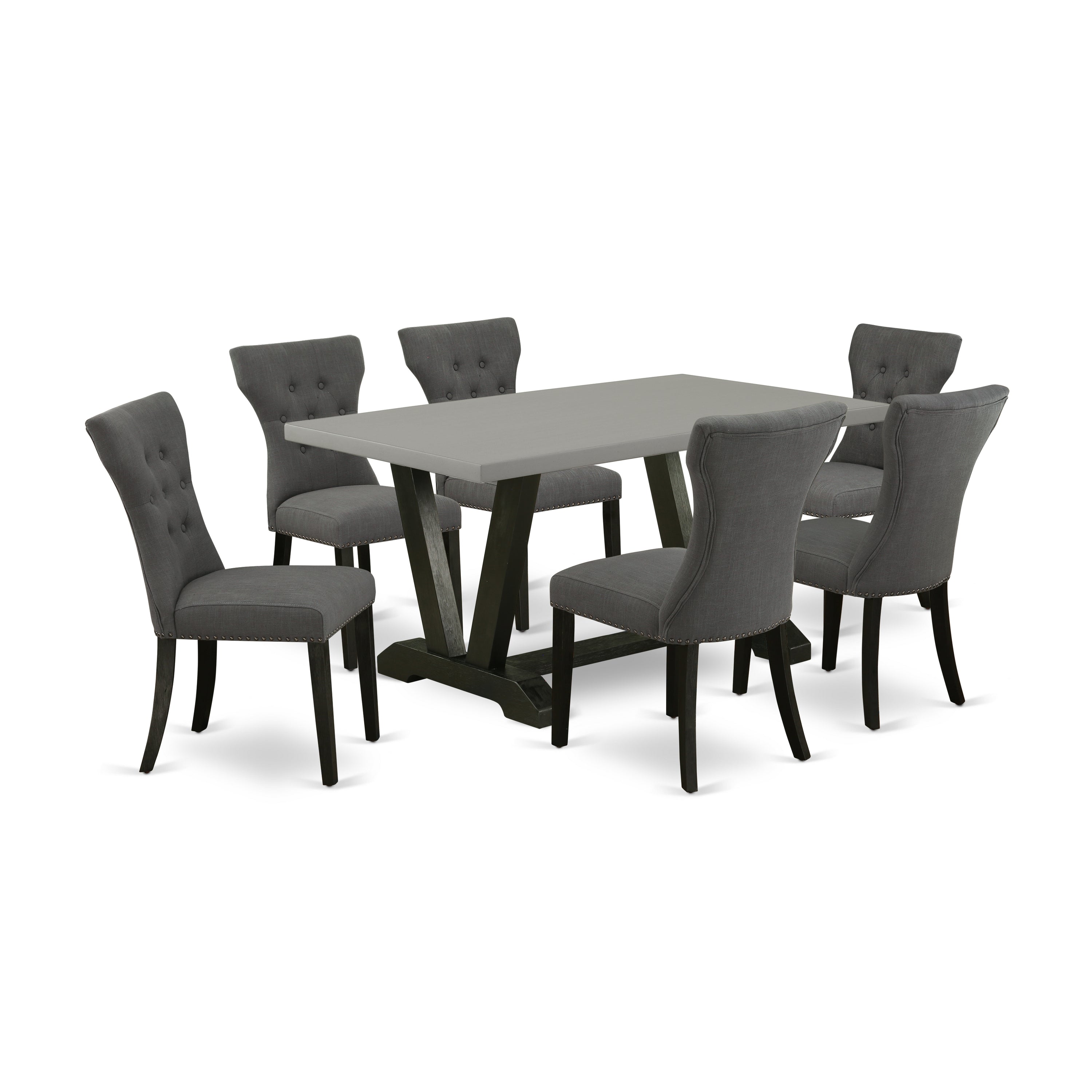 East West Furniture V696GA650-7 7-Piece rectangular dinette set a beautiful Cement Color rectangular Table top and 6 gorgeous kitchen chairs with Nail heads and Button Tufted, Wire Brushed Black Finish