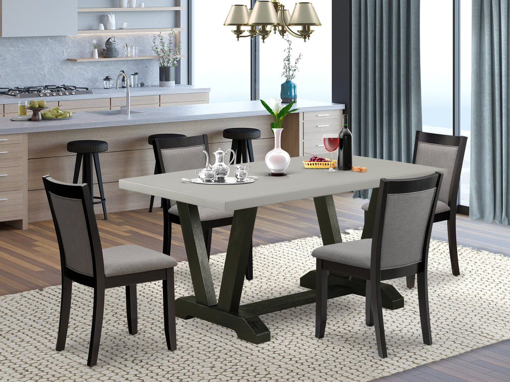 V696MZ150-5 Juego de comedor de 5 piezas: mesa rectangular de 36 x 60 y 4 sillas Parson, color negro cepillado y cemento.
