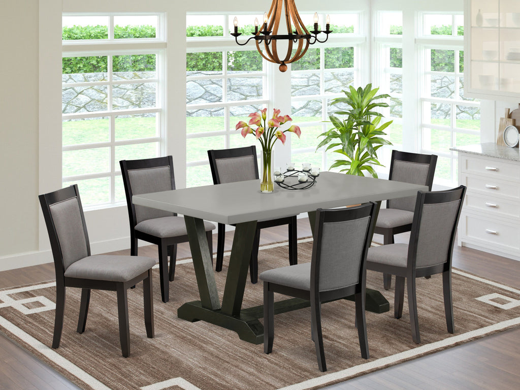 V696MZ150-7 Juego de comedor de 7 piezas: mesa rectangular de 36 x 60 y 6 sillas Parson, color negro cepillado y cemento.