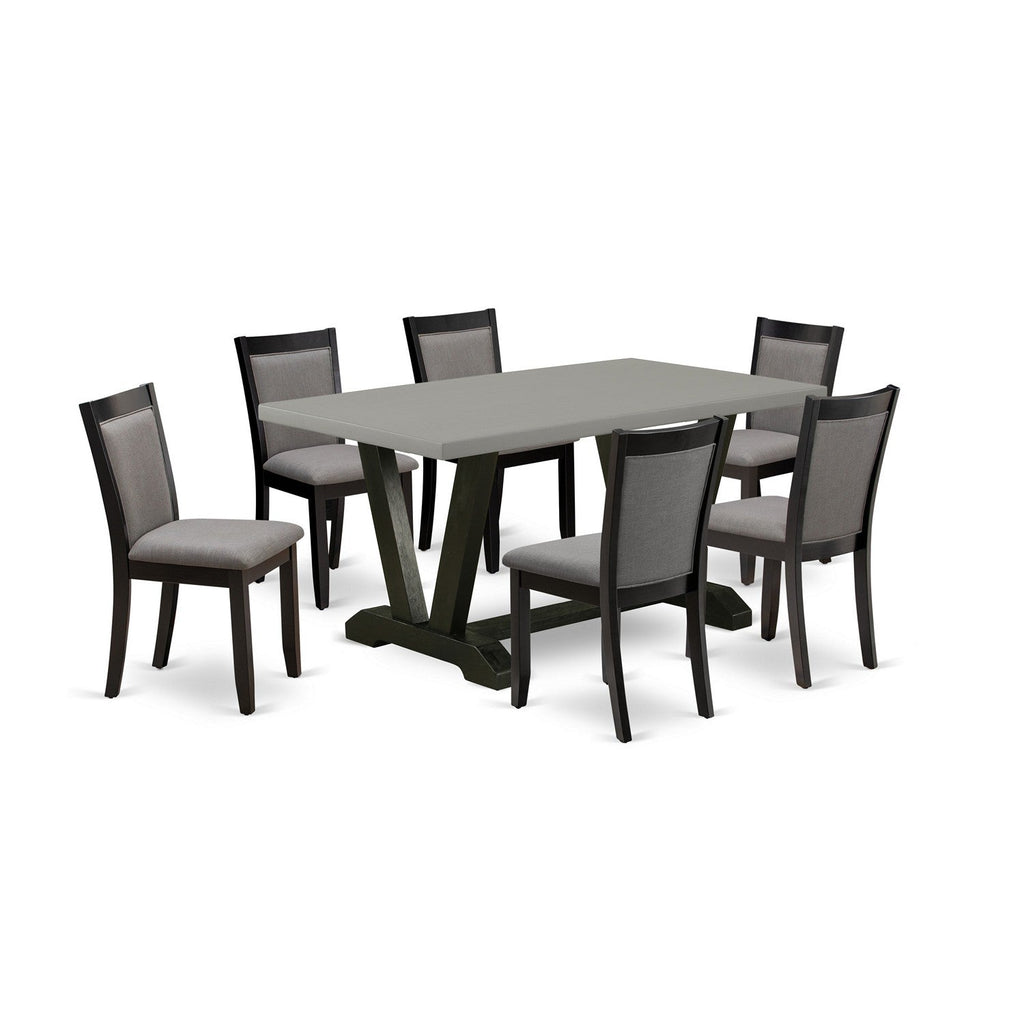 V696MZ150-7 Juego de comedor de 7 piezas: mesa rectangular de 36 x 60 y 6 sillas Parson, color negro cepillado y cemento.