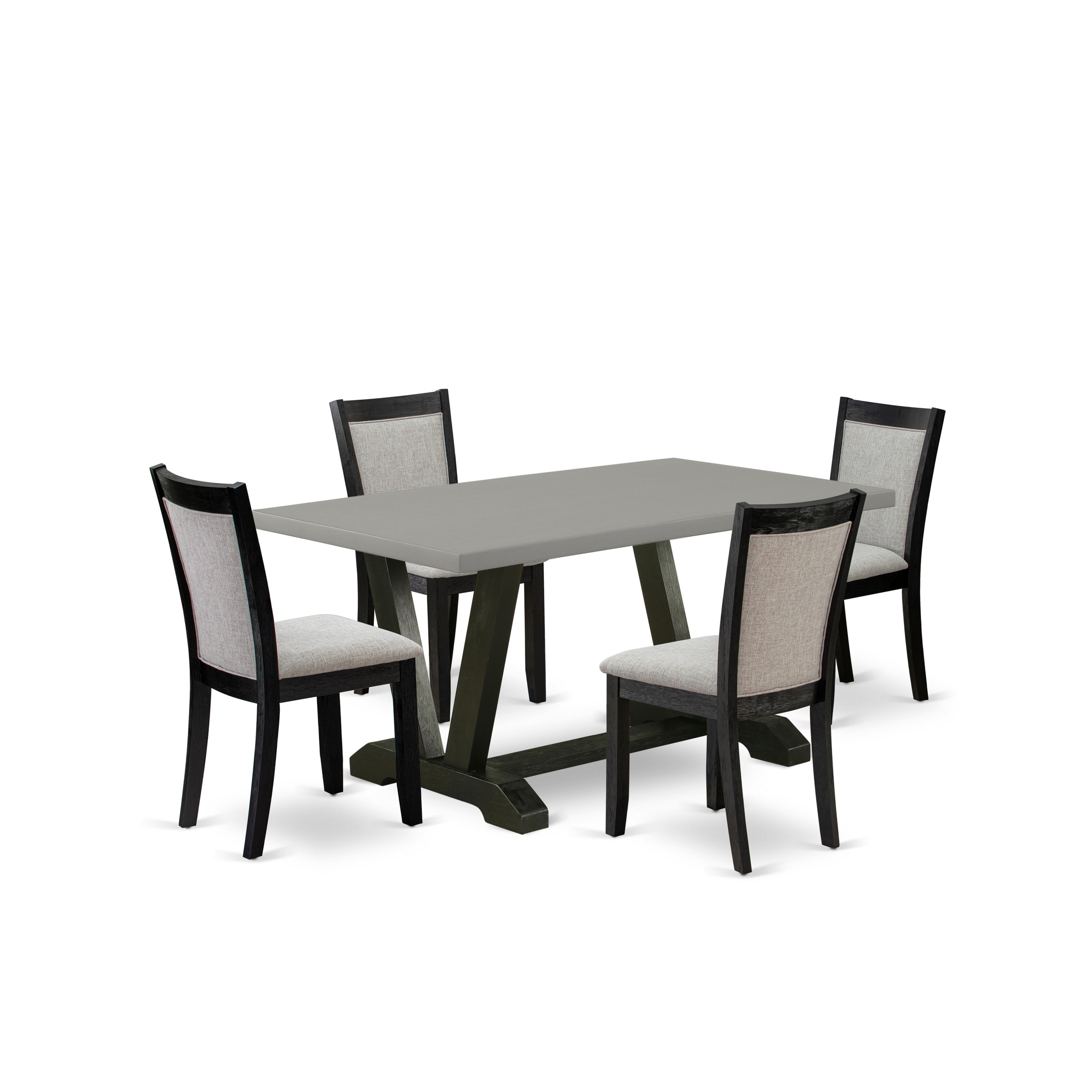 East West Furniture V696MZ606-5 5 Piece Dining Table Set - A Cement Top Modern Dining Table with Trestle Base and 4 Shitake Linen Fabric Dining Chairs - Wire Brushed Black Finish