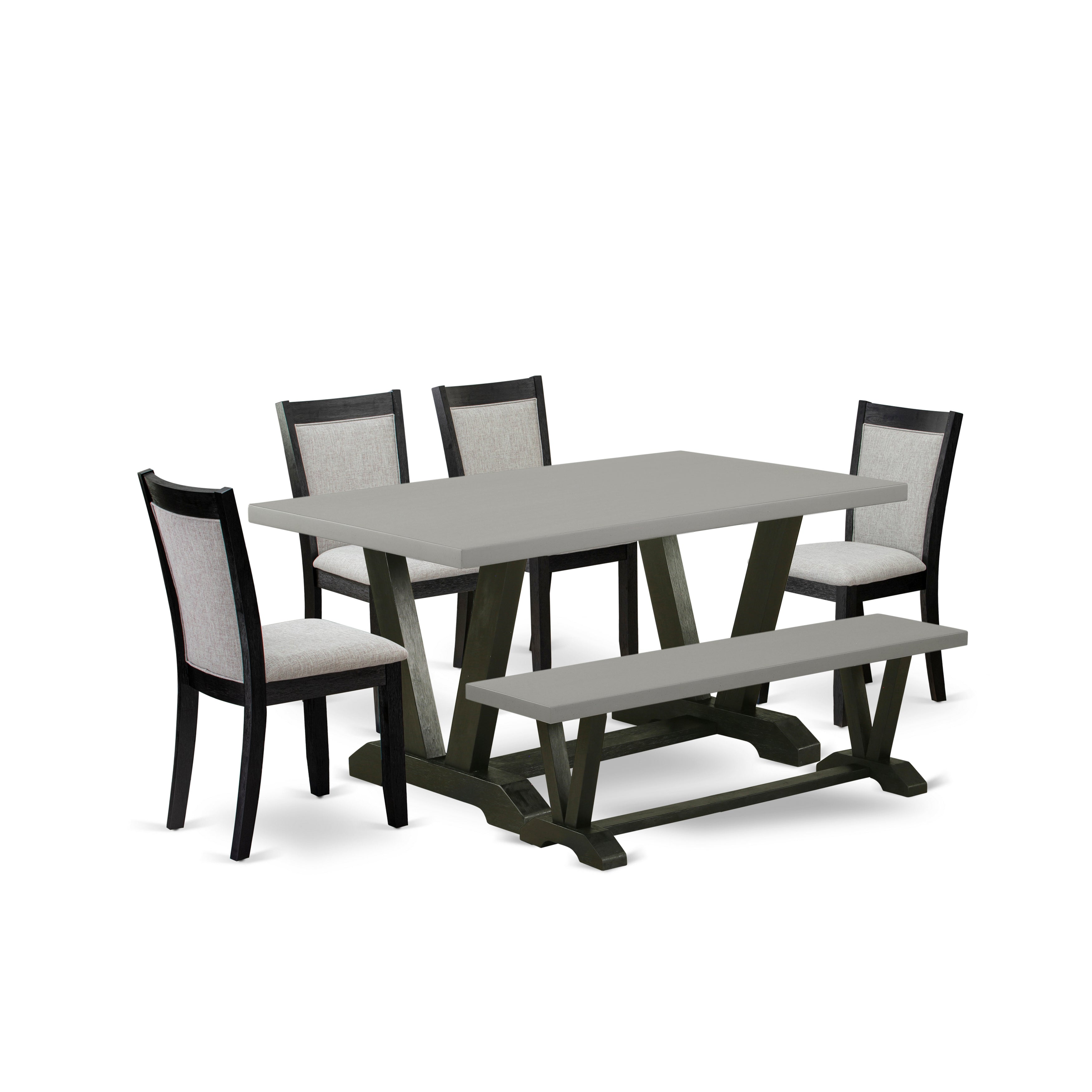East West Furniture V696MZ606-6 6 Pc Kitchen Table Set - A Cement Top Dining Room Table with Wooden Bench and 4 Shitake Linen Fabric Upholstered Parson Chairs - Wire Brushed Black Finish