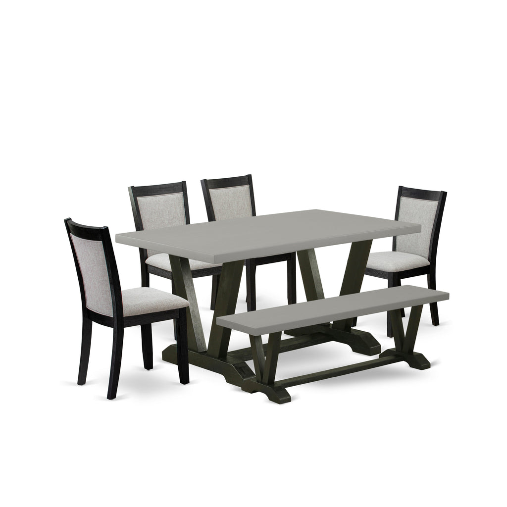 East West Furniture V696MZ606-6 6 Piece Dining Room Set Contains a Rectangle Dining Table with V-Legs and 4 Shitake Linen Fabric Parson Chairs with a Bench