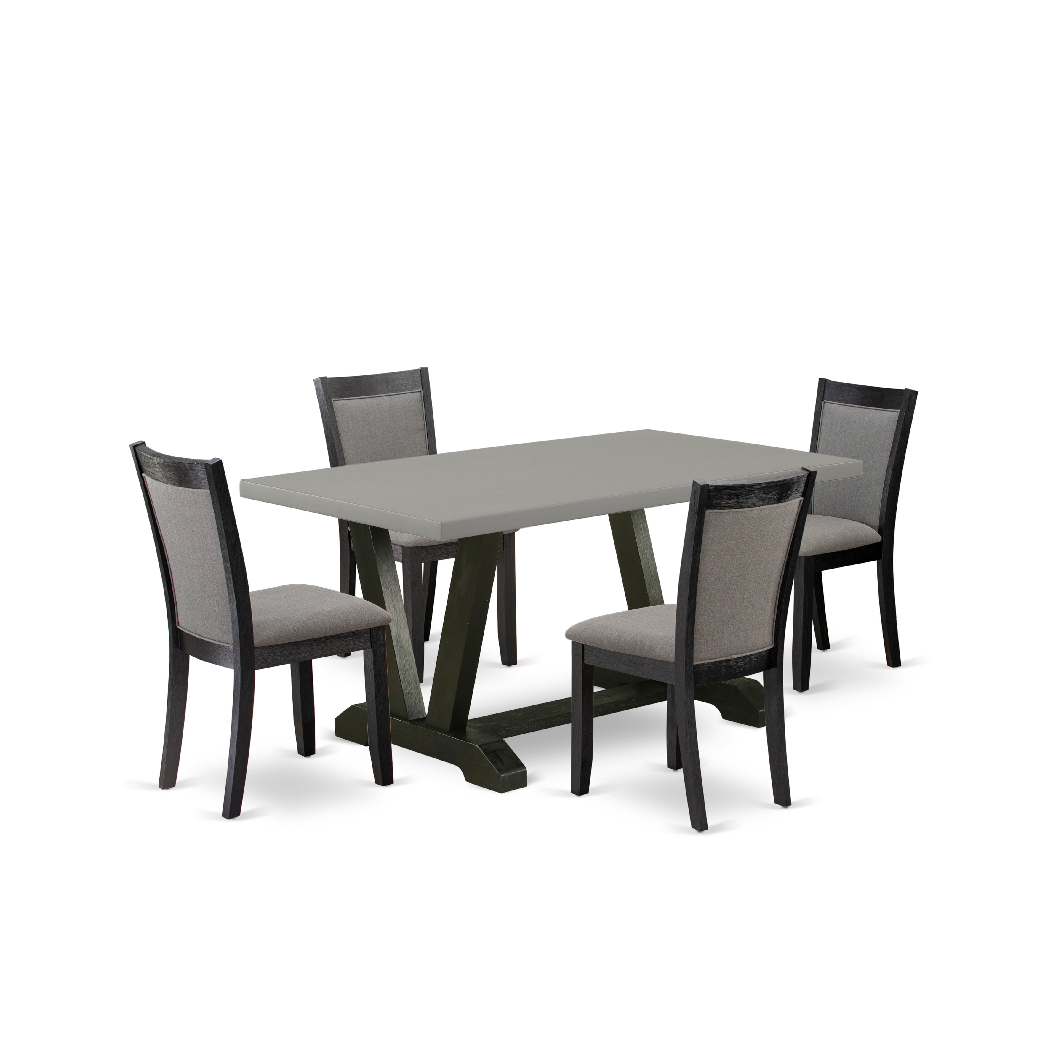 East West Furniture V696MZ650-5 5 Piece Kitchen Dining Table Set - A Cement Top Wood Dining Table with Trestle Base and 4 Dark Gotham Grey Linen Fabric Parson Chairs - Wire Brushed Black Finish