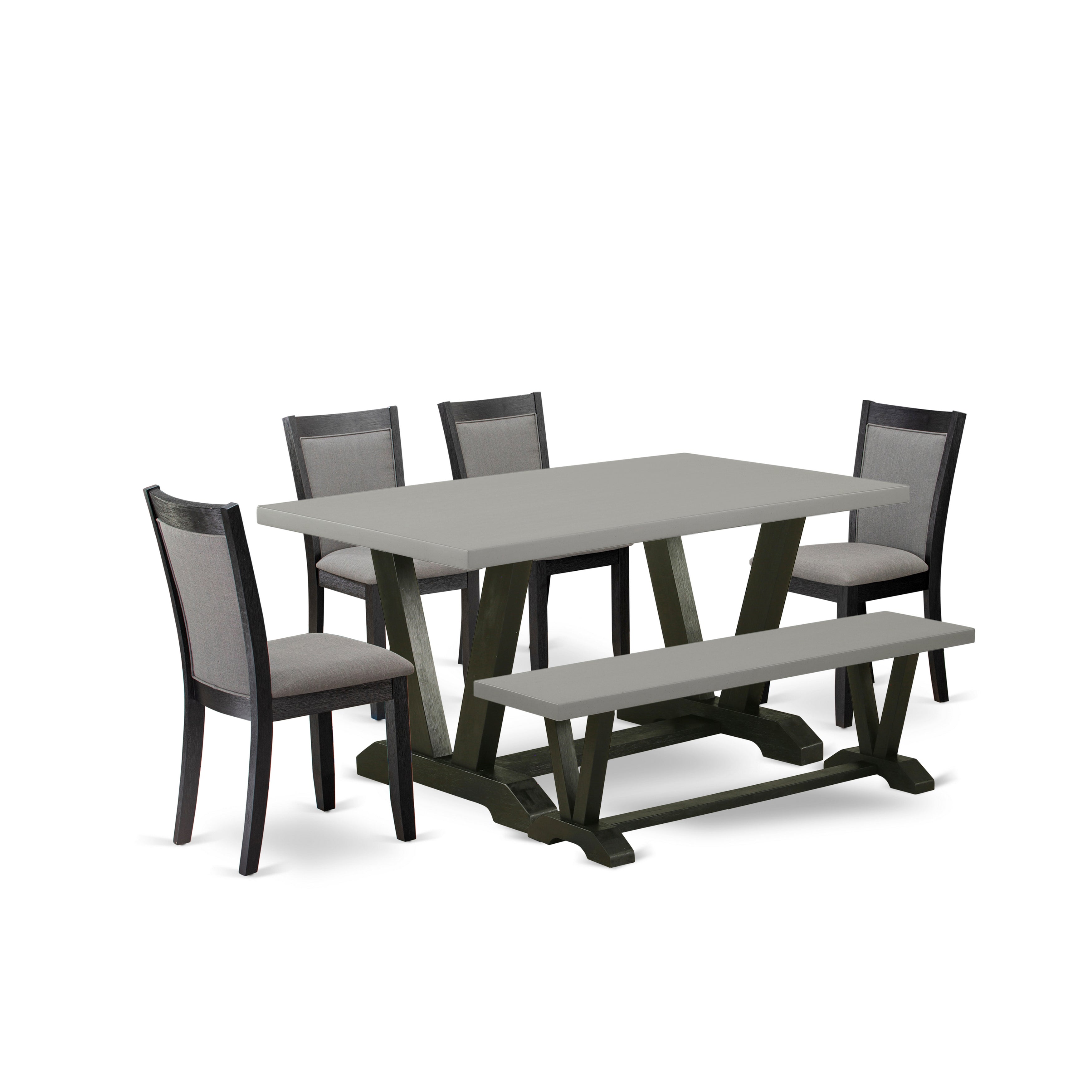 East West Furniture V696MZ650-6 6 Piece Dinner Table Set - A Cement Top Wooden Dining Table with a Small Bench and 4 Dark Gotham Grey Linen Fabric Upholstered Kitchen Chairs - Wire Brushed Black Finish