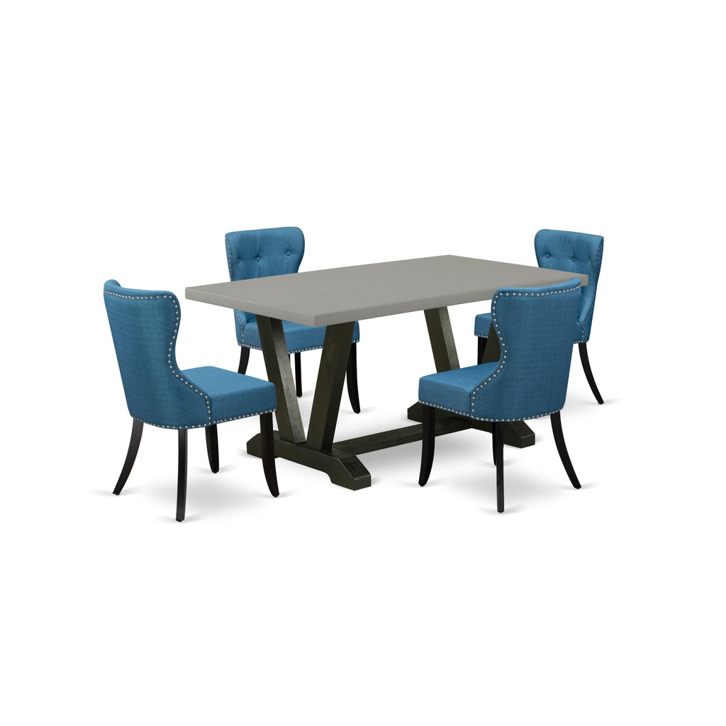 East West Furniture V696SI121-5 5 Piece Dinette Set Includes a Rectangle Dining Room Table with V-Legs and 4 Blue Linen Fabric Upholstered Parson Chairs