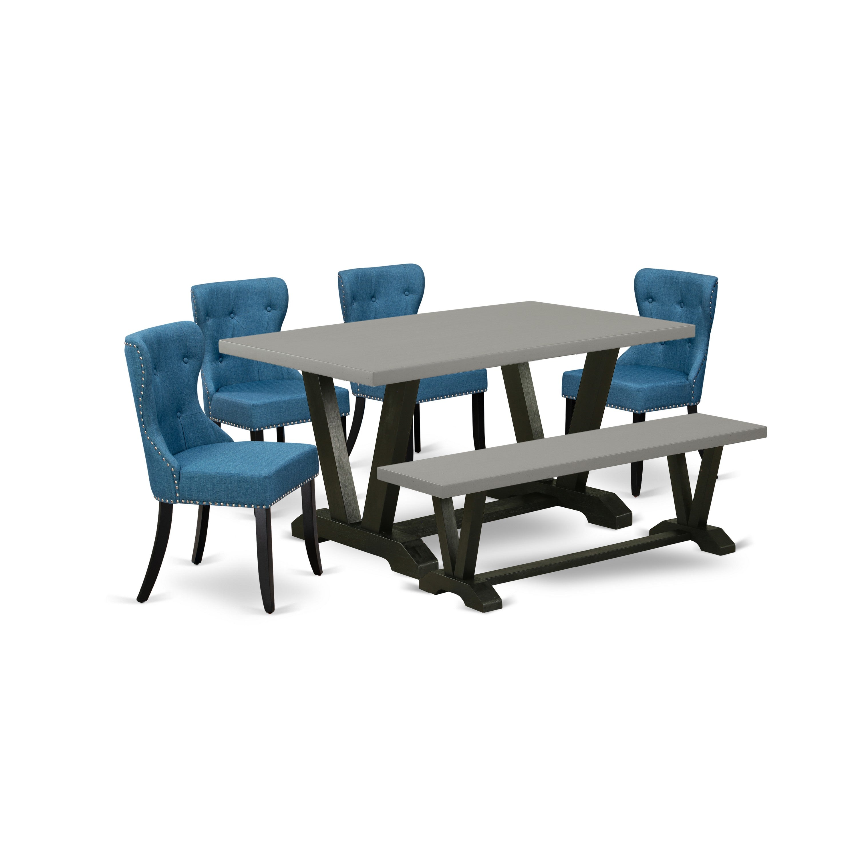 East West Furniture 6-Pc kitchen dining room set- 4 kitchen chairs with Blue Linen Fabric Seat and Button Tufted Chair Back - Rectangular top & Wooden Legs Wood Dining Table and Bench - Cement and Black Finish