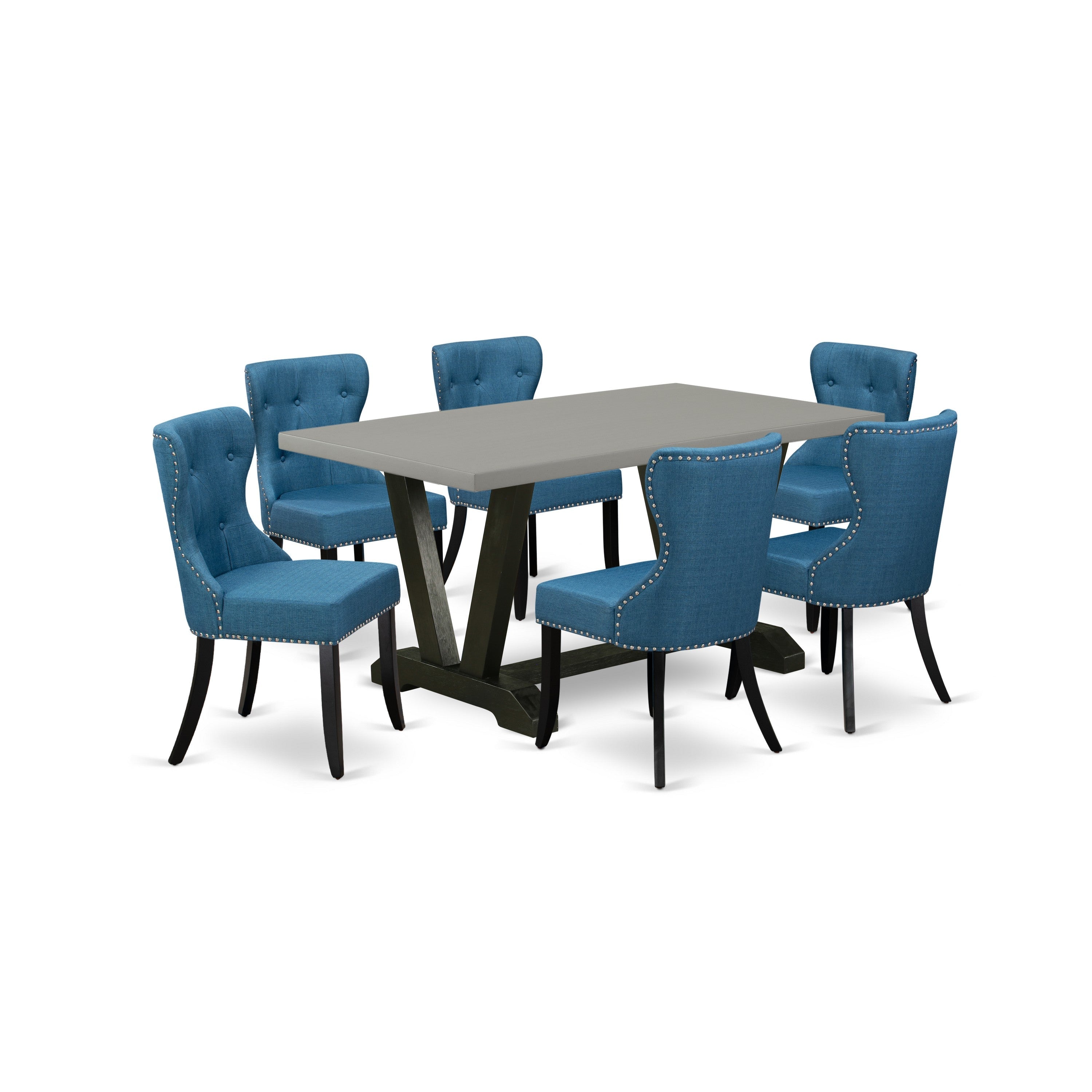 Juego de mesa de cocina de 7 piezas East West Furniture V696SI121-7 compuesto por una mesa de comedor rectangular con patas en V y 6 sillas de comedor Parson de tela de lino azul.