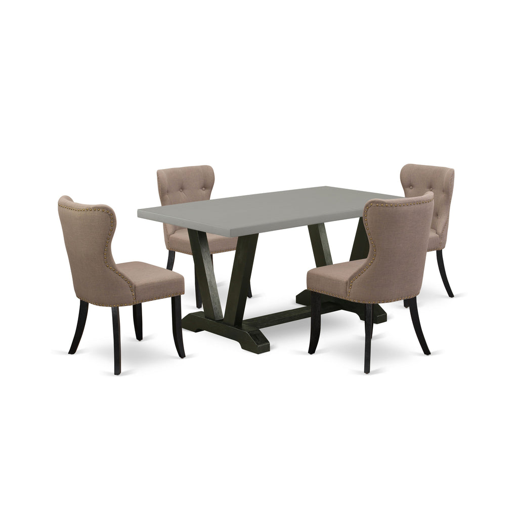 Juego de mesa de comedor de 5 piezas East West Furniture V696SI648-5 para 4 personas. Incluye una mesa de cocina rectangular con patas en V y 4 sillas Parson tapizadas en tela de lino color café.