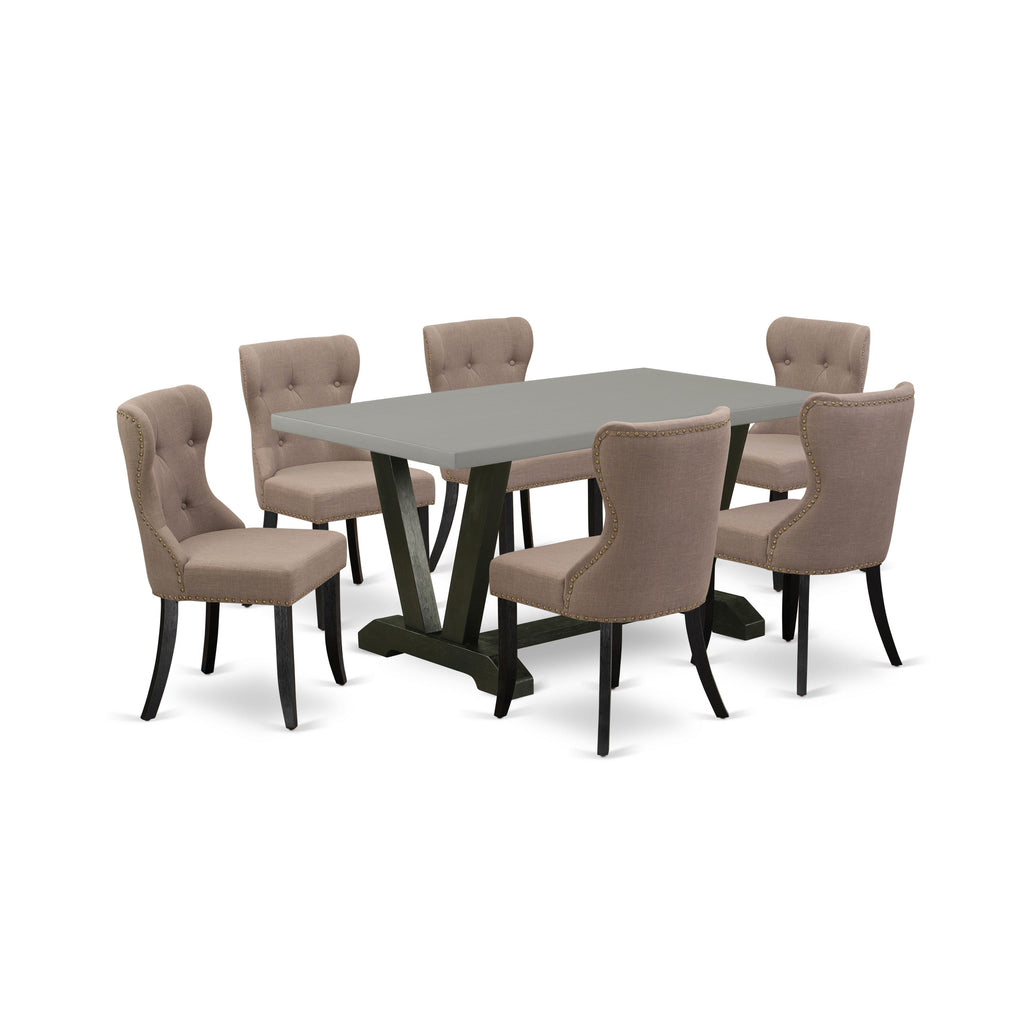 Juego de comedor de 7 piezas East West Furniture V696SI648-7 compuesto por una mesa de comedor rectangular con patas en V y 6 sillas de comedor Parsons de tela de lino color café.