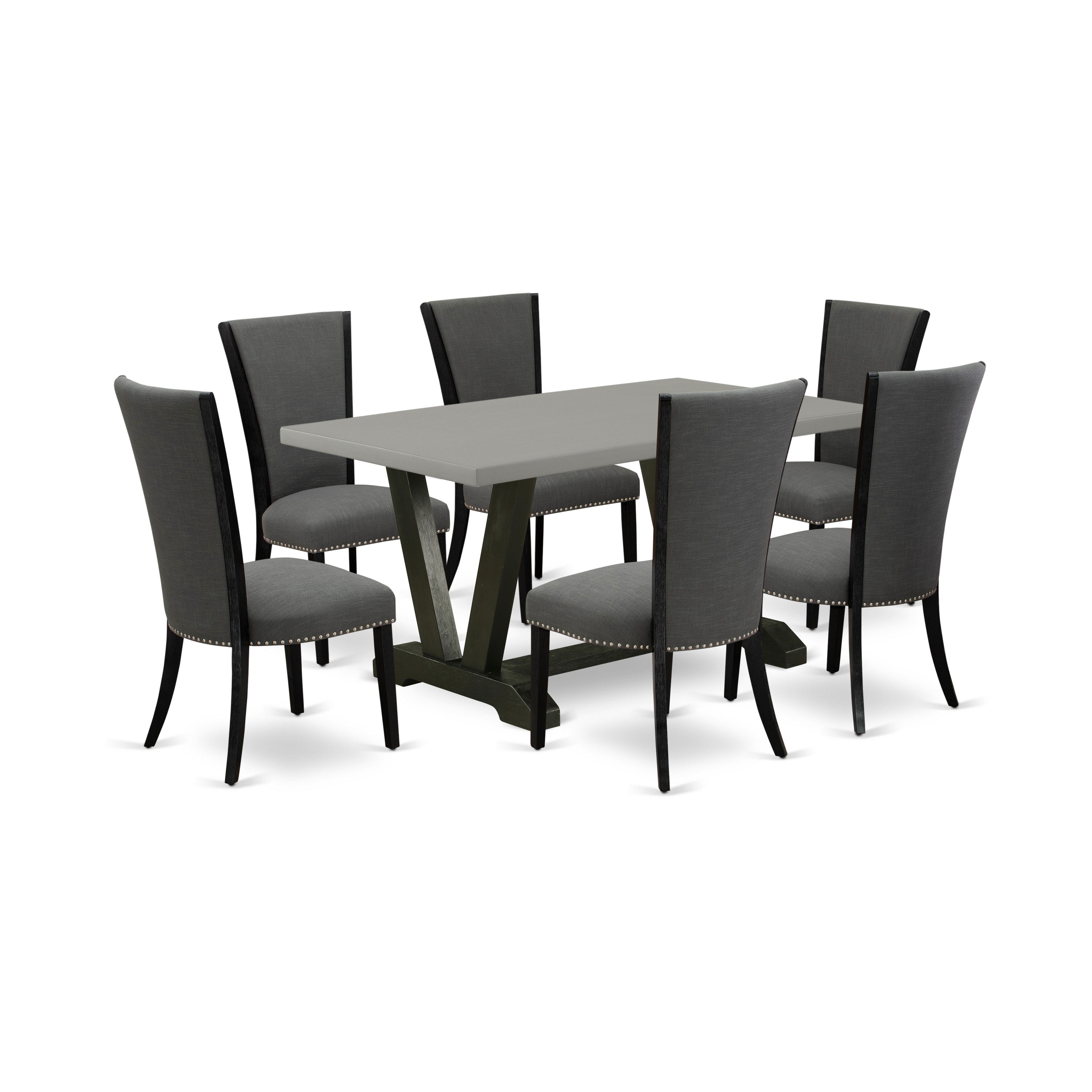 East West Furniture V696VE650-7 7 Pc Dinner Table Set Includes a Cement Kitchen Table and 6 Dark Gotham Grey Linen Fabric Upholstered Dining Chairs with High Back - Wire Brushed Black Finish