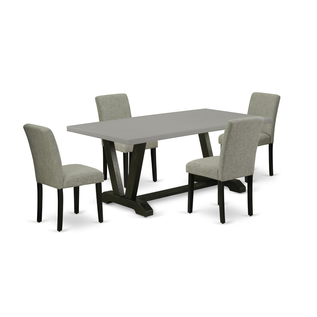 Juego de mesa de cocina de 5 piezas East West Furniture V697AB106-5 para 4 personas. Incluye una mesa de comedor rectangular con patas en V y 4 sillas de comedor Parson de tela de lino Shitake.
