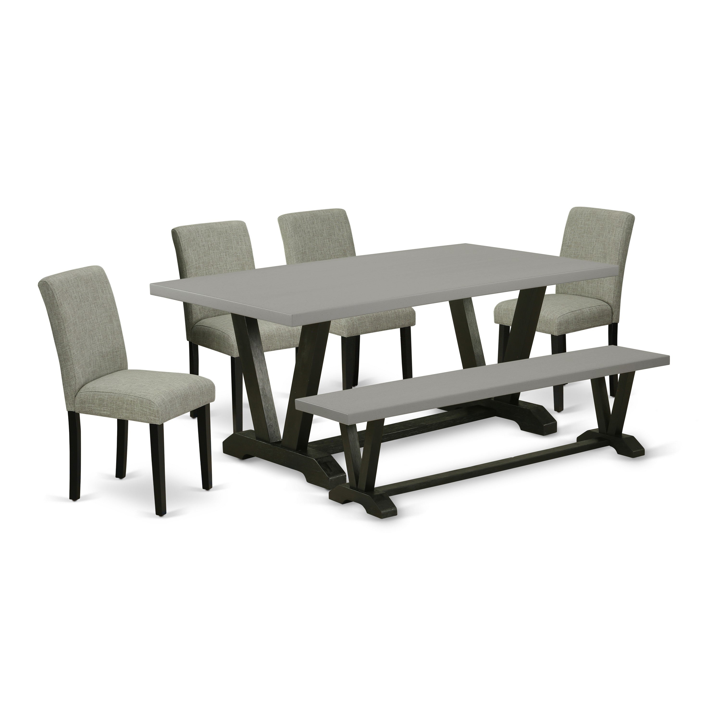 EAST WEST FURNITURE - V697AB106-6 - 6-Pc Dining Room Set - 4 Parson Dining Chairs, a Dining Bench and 1 Modern Dining Table (Wire Brushed Black Finish)