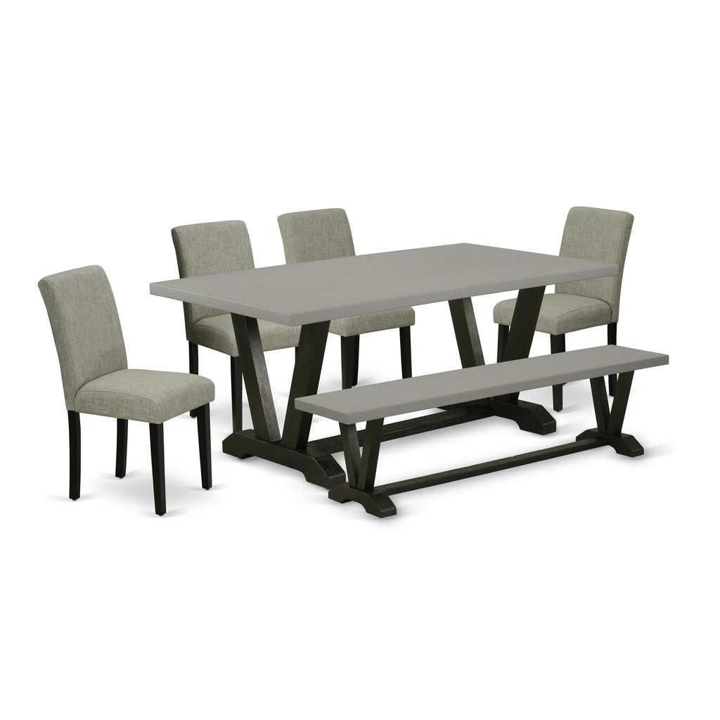 Juego de comedor de 6 piezas East West Furniture V697AB106-6 que incluye una mesa de comedor rectangular con patas en V y 4 sillas tapizadas en tela de lino Shitake con un banco.