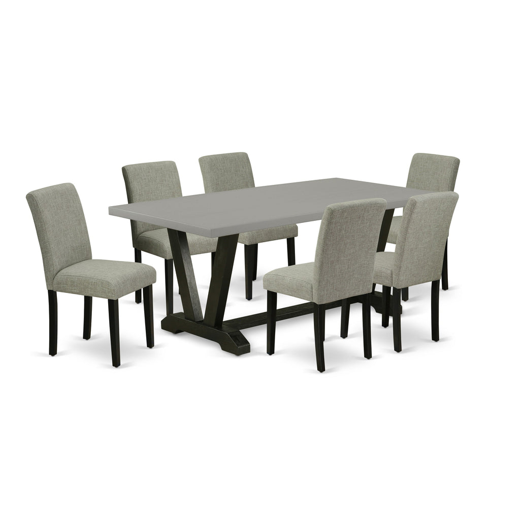 Juego de comedor de 7 piezas East West Furniture V697AB106-7 compuesto por una mesa de comedor rectangular con patas en V y 6 sillas de comedor Parsons de tela de lino shiitake.
