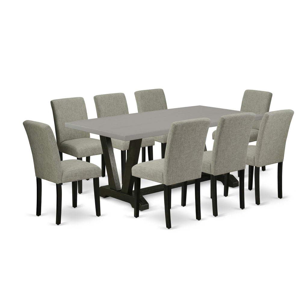 East West Furniture V697AB106-9 9 Piece Dining Room Table Set Includes a Rectangle Kitchen Table with V-Legs and 8 Shitake Linen Fabric Parson Dining Chairs