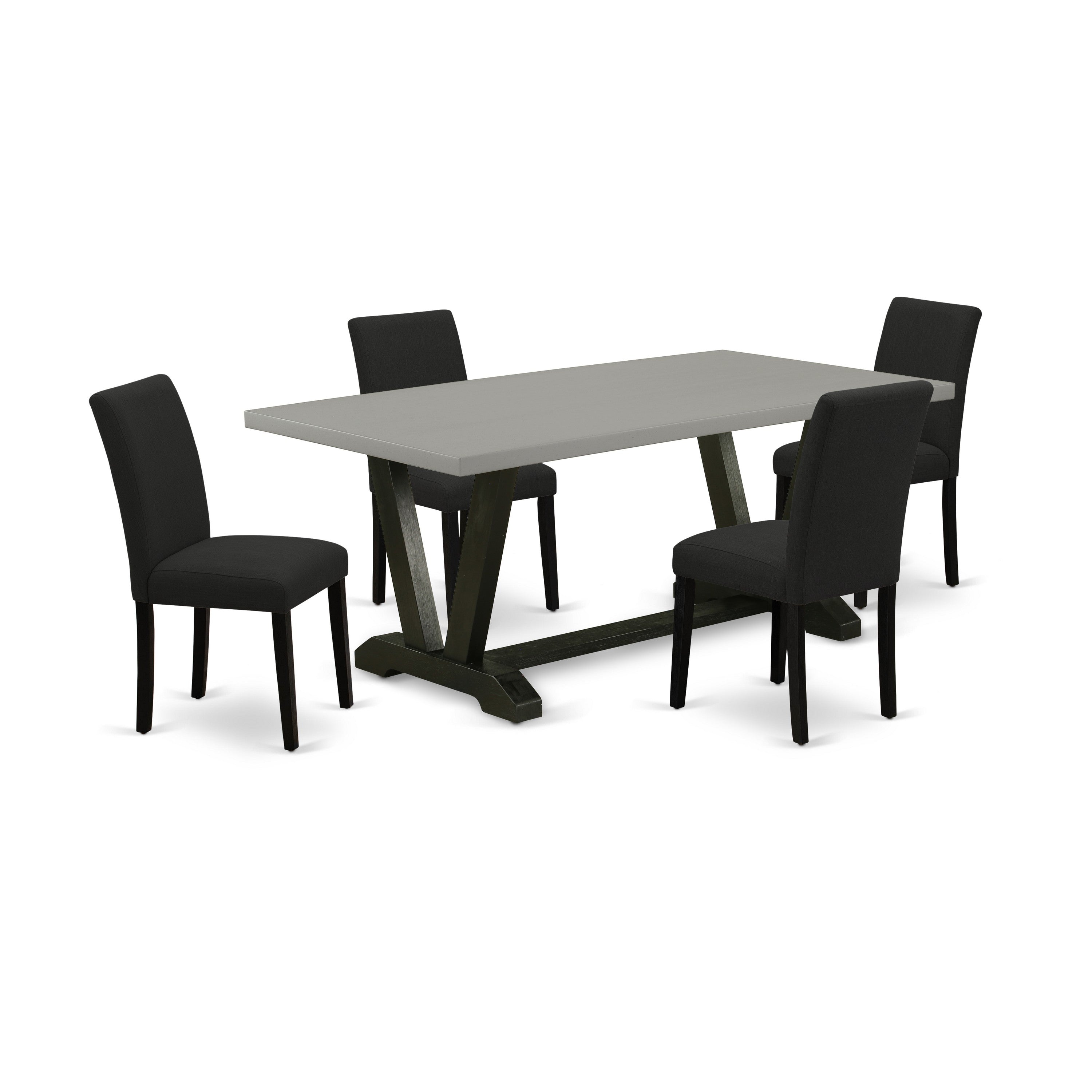 El juego de mesa de comedor de 5 piezas East West Furniture V697AB624-5 incluye una mesa de comedor rectangular con patas en V y 4 sillas tapizadas en tela de lino de color negro.