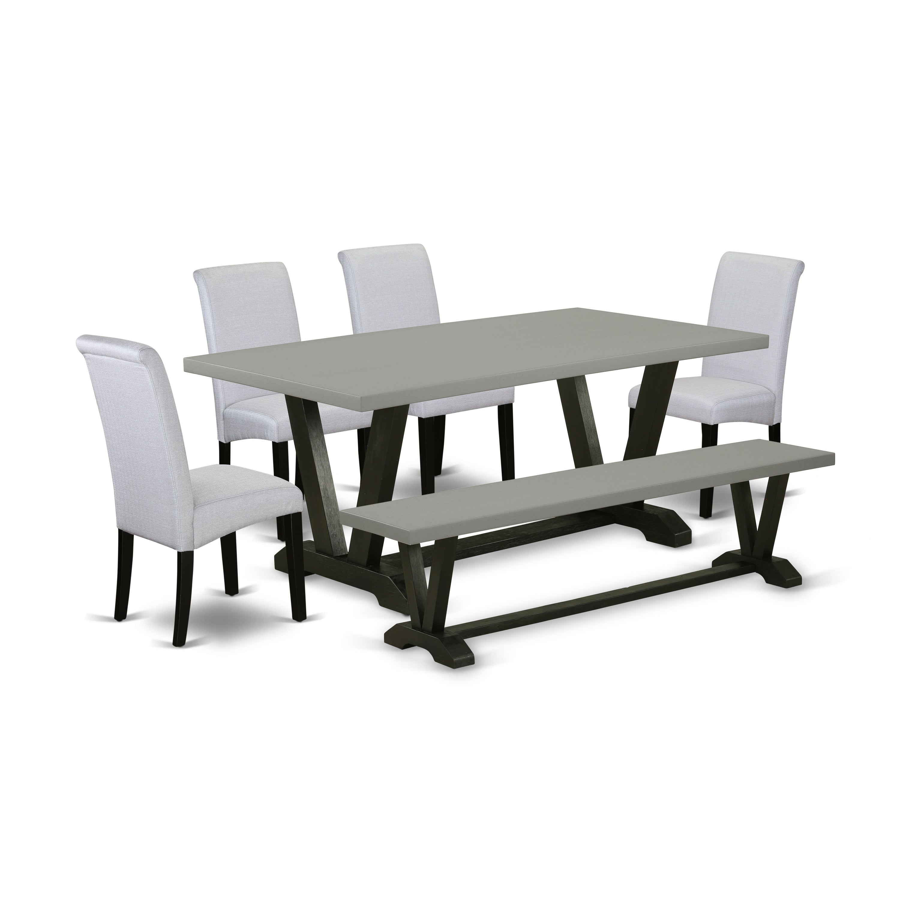 East West Furniture V697BA105-6 6 Pc Dining Table Set Contains a Cement Mid Century Dining Table and a Modern Bench, 4 Grey Linen Fabric Parson Chairs with High Back - Wire Brushed Black Finish