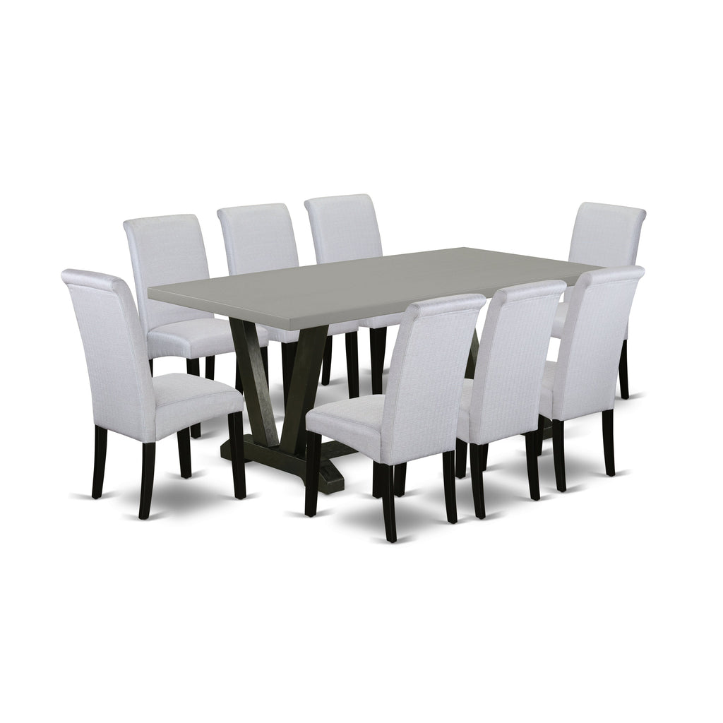 East West Furniture V697BA105-9 9 Piece Modern Dining Table Set Includes a Rectangle Wooden Table with V-Legs and 8 Grey Linen Fabric Upholstered Parson Chairs