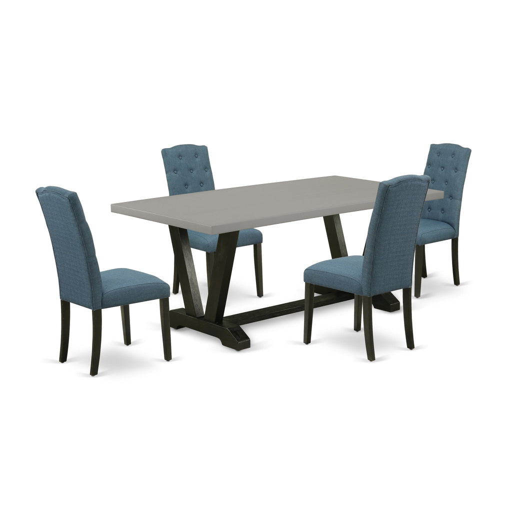 El juego de comedor de 5 piezas East West Furniture V697CE121-5 incluye una mesa de comedor rectangular con patas en V y 4 sillas de comedor Parson de tela de lino azul mineral.