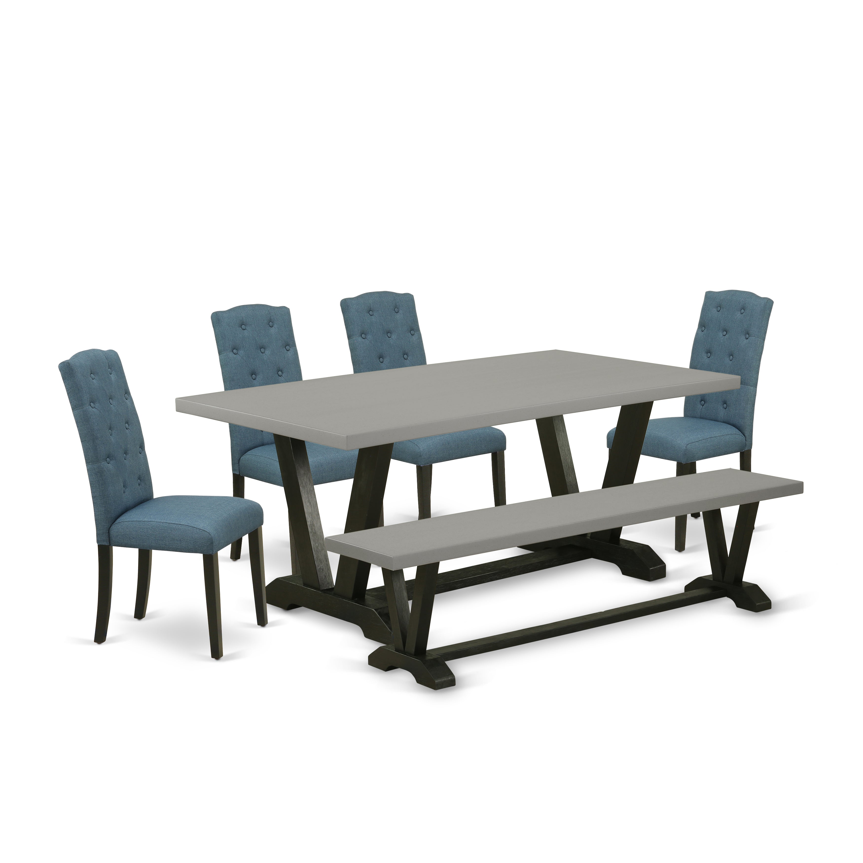 East West Furniture V697CE121-6 6 Piece Dining Set Contains a Cement Dining Room Table and a Kitchen Bench, 4 Blue Linen Fabric Upholstered Chairs with Button Tufted Back - Wire Brushed Black Finish