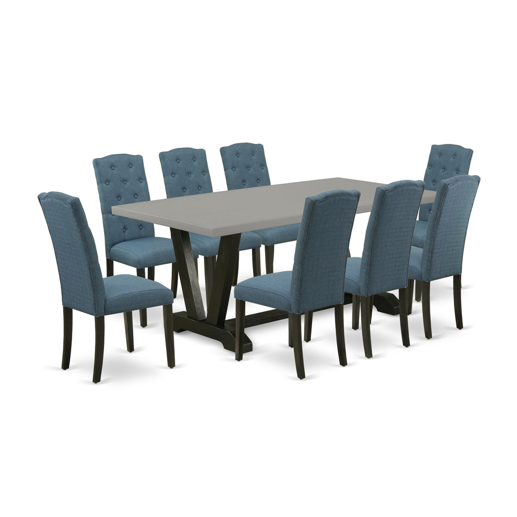 Juego de mesa de comedor moderna de 9 piezas East West Furniture V697CE121-9. Incluye una mesa rectangular de madera con patas en V y 8 sillas de comedor Parson de tela de lino azul mineral.
