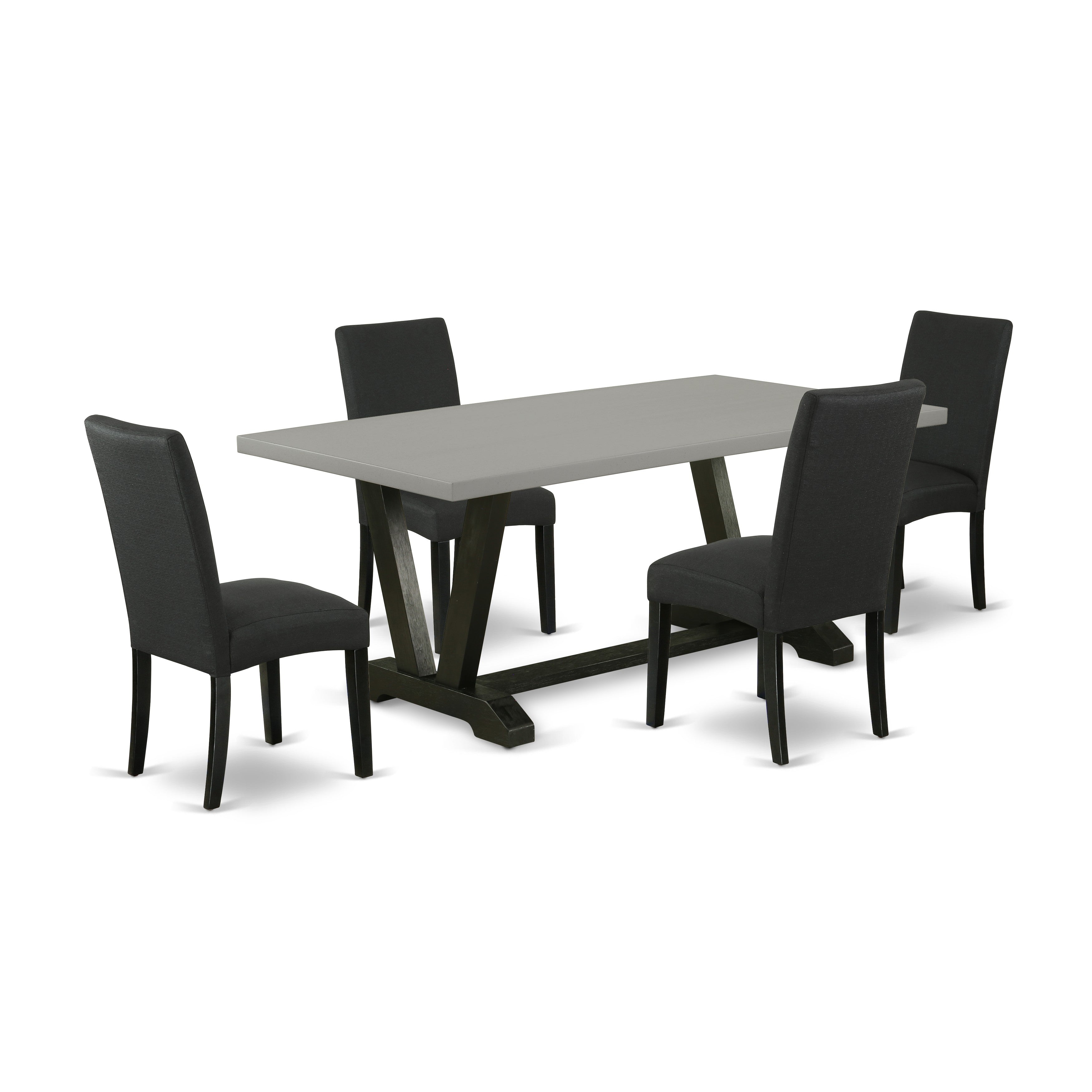 East West Furniture V697DR124-5 5-Piece Modern Dining Table Set an Excellent Cement Color Dining room Table top and 4 Beautiful Parson Dining chairs with High Stylish Chair Back, Wire Brushed Black Finish