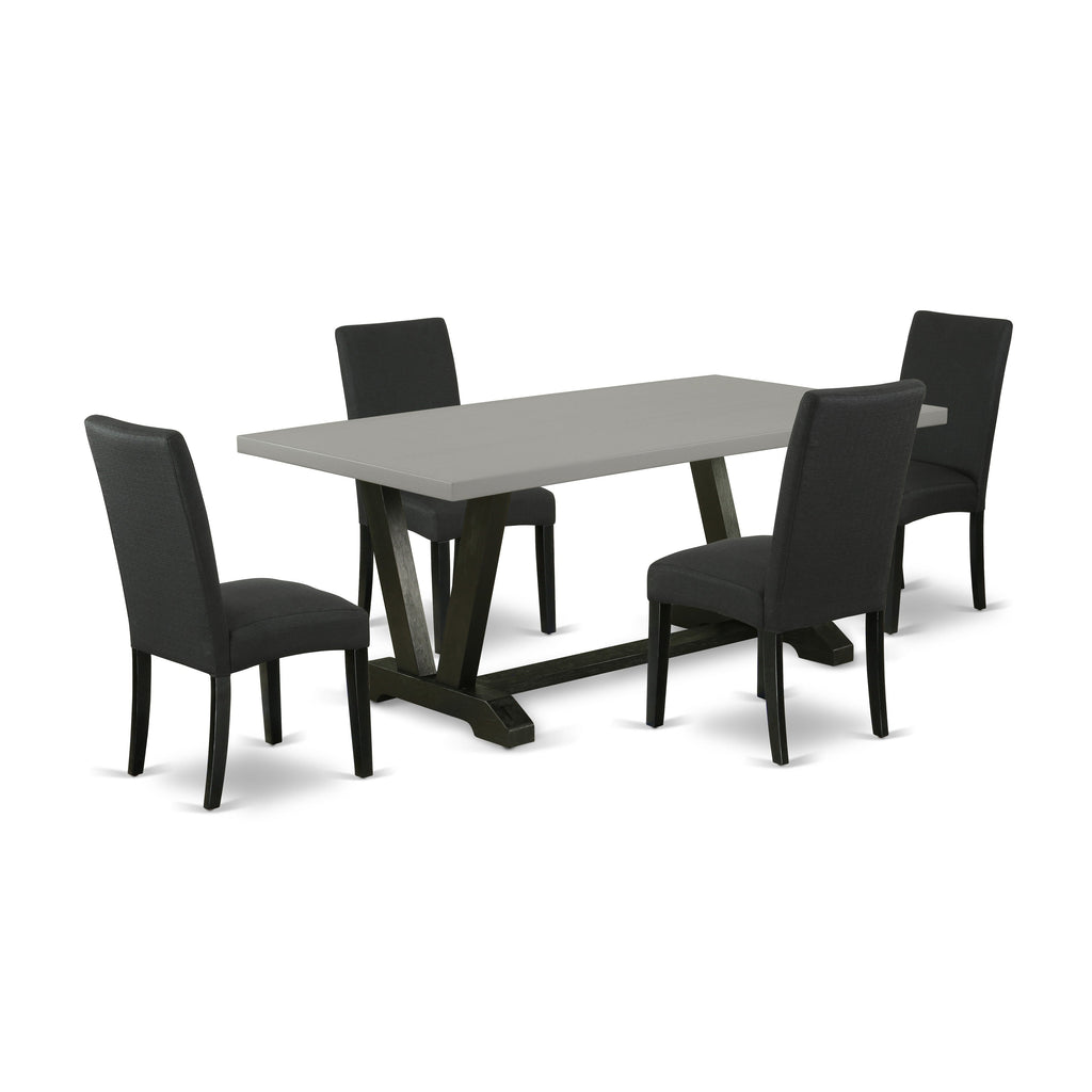 Juego de mesa de comedor de 5 piezas East West Furniture V697DR124-5. Incluye una mesa de comedor rectangular con patas en V y 4 sillas tapizadas en tela de lino de color negro.