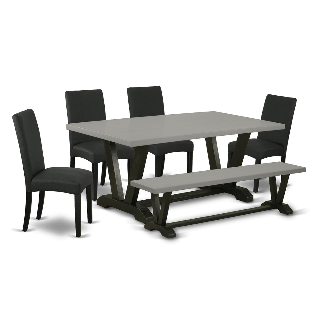 Juego de mesa de comedor de 6 piezas East West Furniture V697DR124-6. Contiene una mesa rectangular de madera con patas en V y 4 sillas Parson de tela de lino de color negro con un banco.
