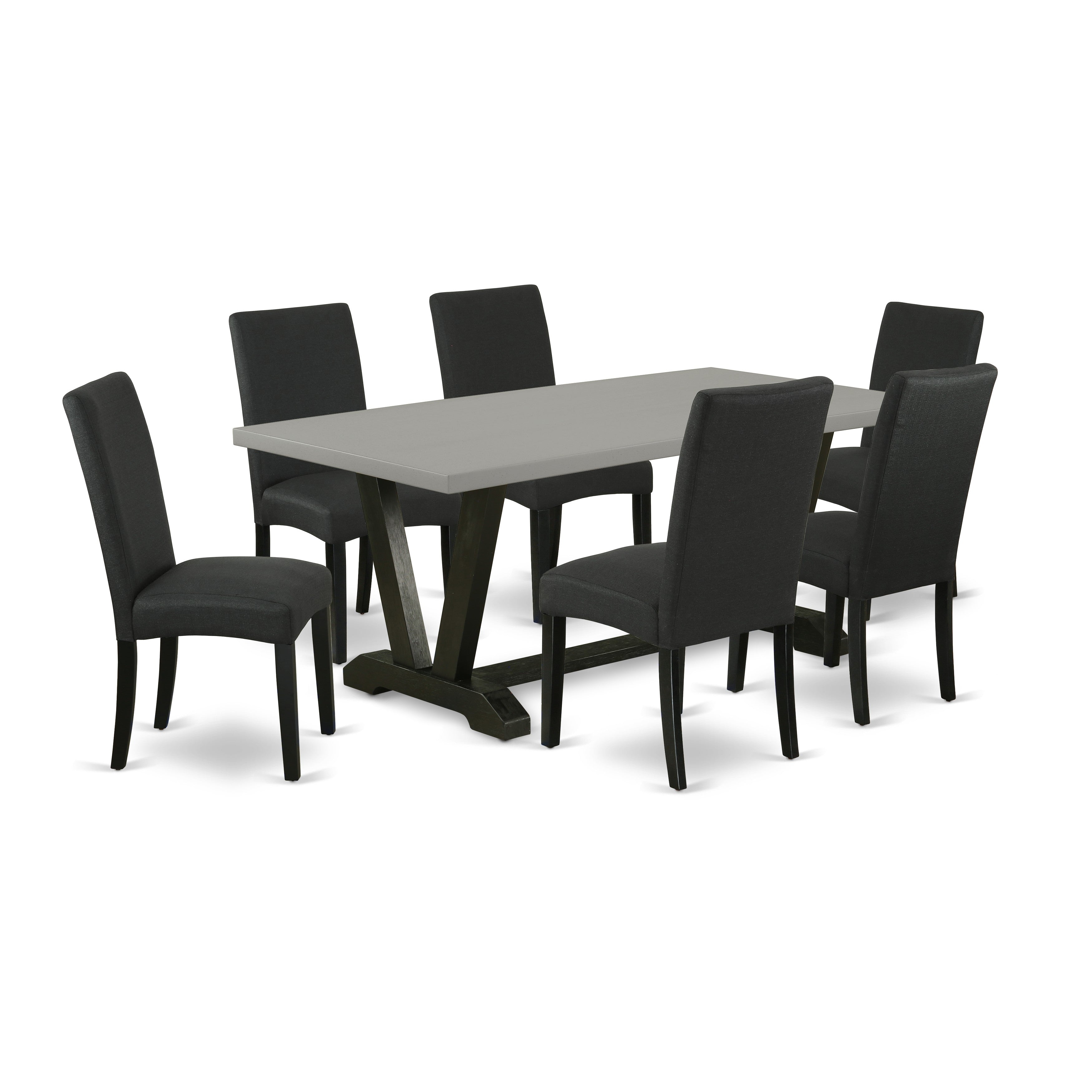 East West Furniture V697DR124-7 7-Pc an Excellent Cement Color Small Table top and 6 Beautiful Upholstered Dining chairs with High Stylish Chair Back, Wire Brushed Black Finish