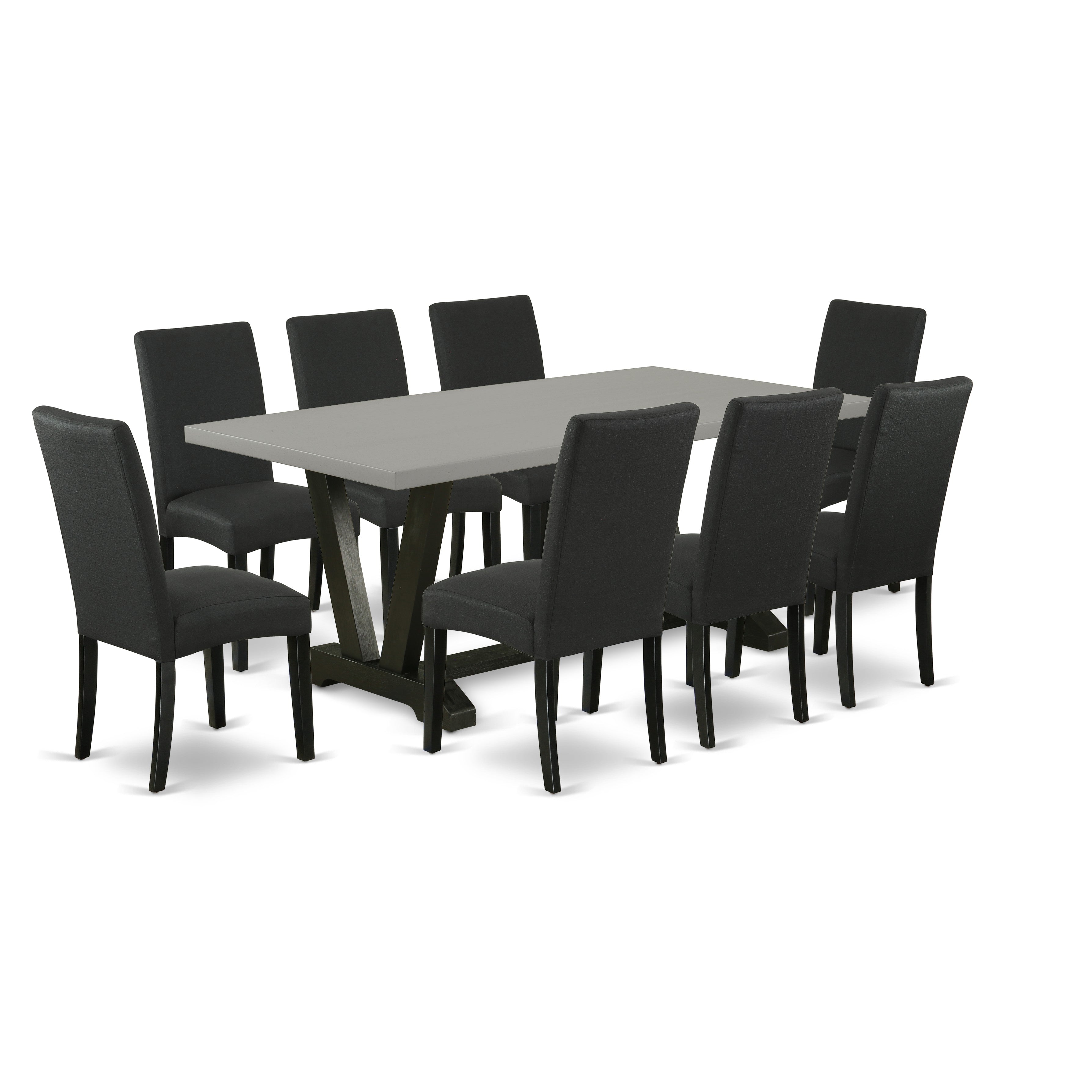 El juego de mesa de comedor East West Furniture V697DR124-9 de 9 piezas incluye una mesa de comedor rectangular con patas en V y 8 sillas tapizadas en tela de lino de color negro.
