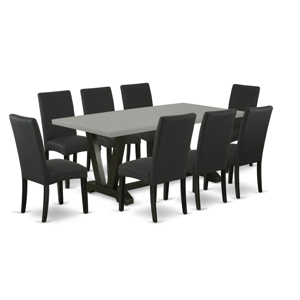 El juego de mesa de comedor East West Furniture V697DR124-9 de 9 piezas incluye una mesa de comedor rectangular con patas en V y 8 sillas tapizadas en tela de lino de color negro.