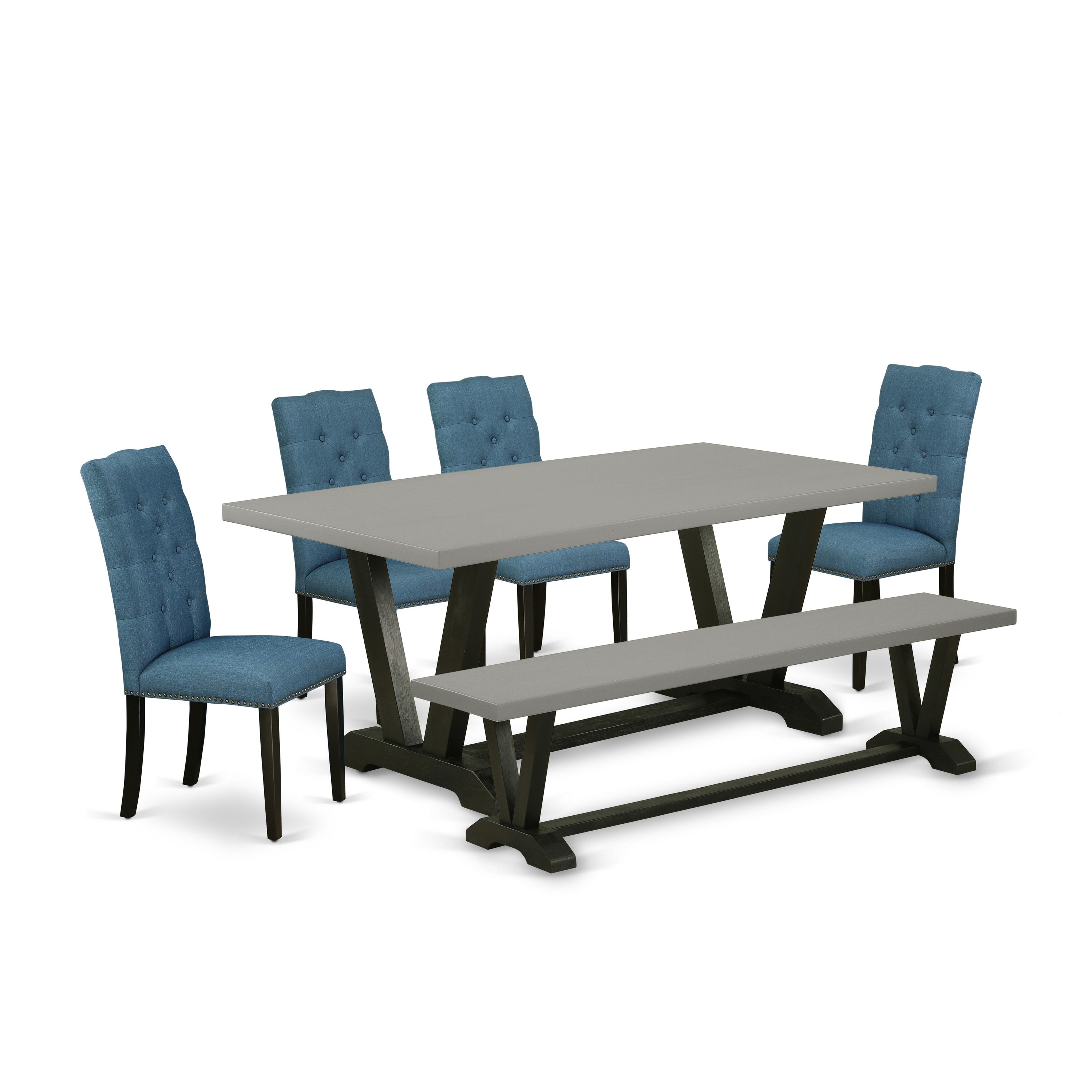 East West Furniture V697EL121-6 6-Piece Dining Room Set with Dining Table and Dining Bench - 4 Linen Fabric Kitchen Chairs (Wire Brushed Black Finish)