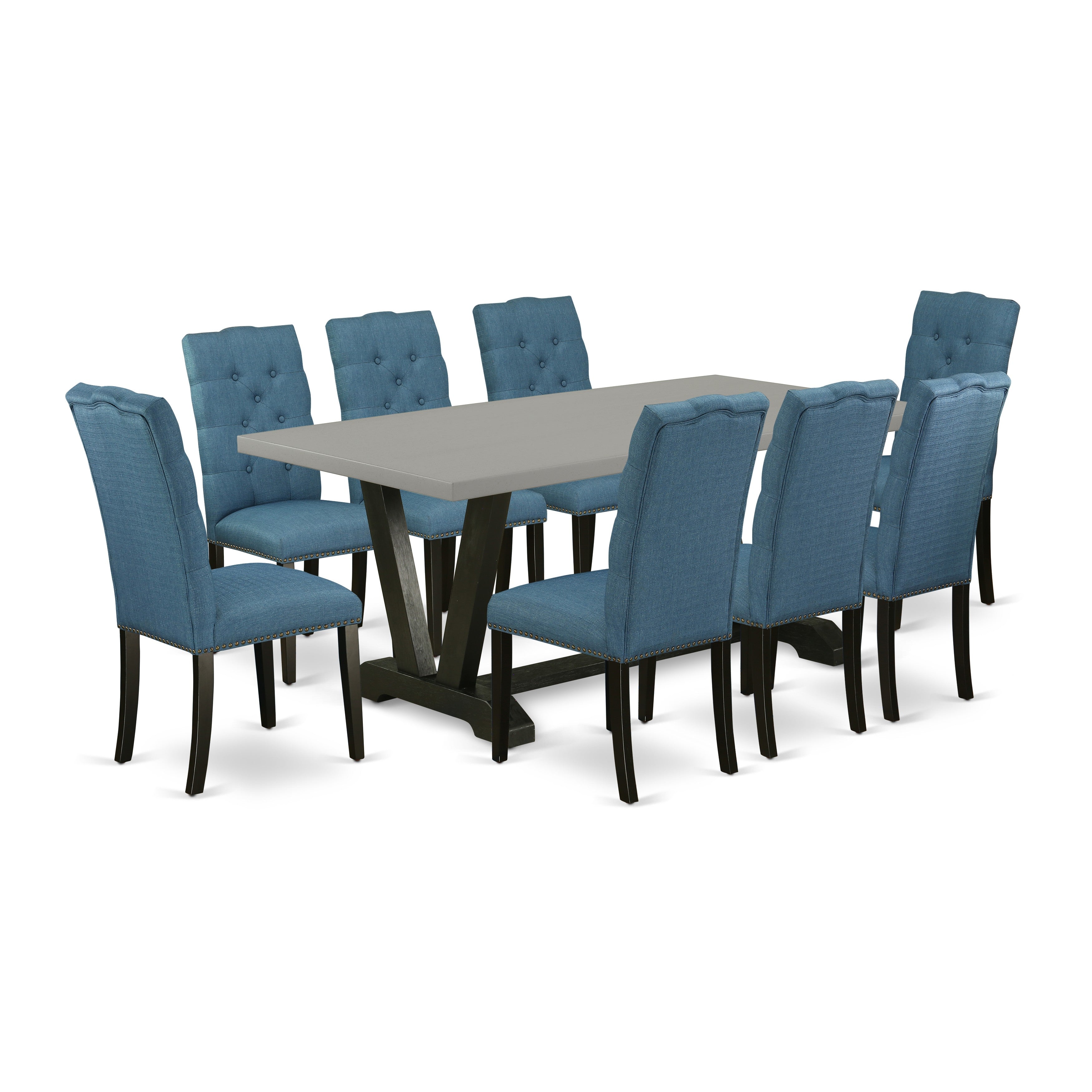 East West Furniture V697EL121-9 9-Piece Dinette Set with Dining Room Table - 8 Linen Fabric dining room chairs (Wire Brushed Black Finish)