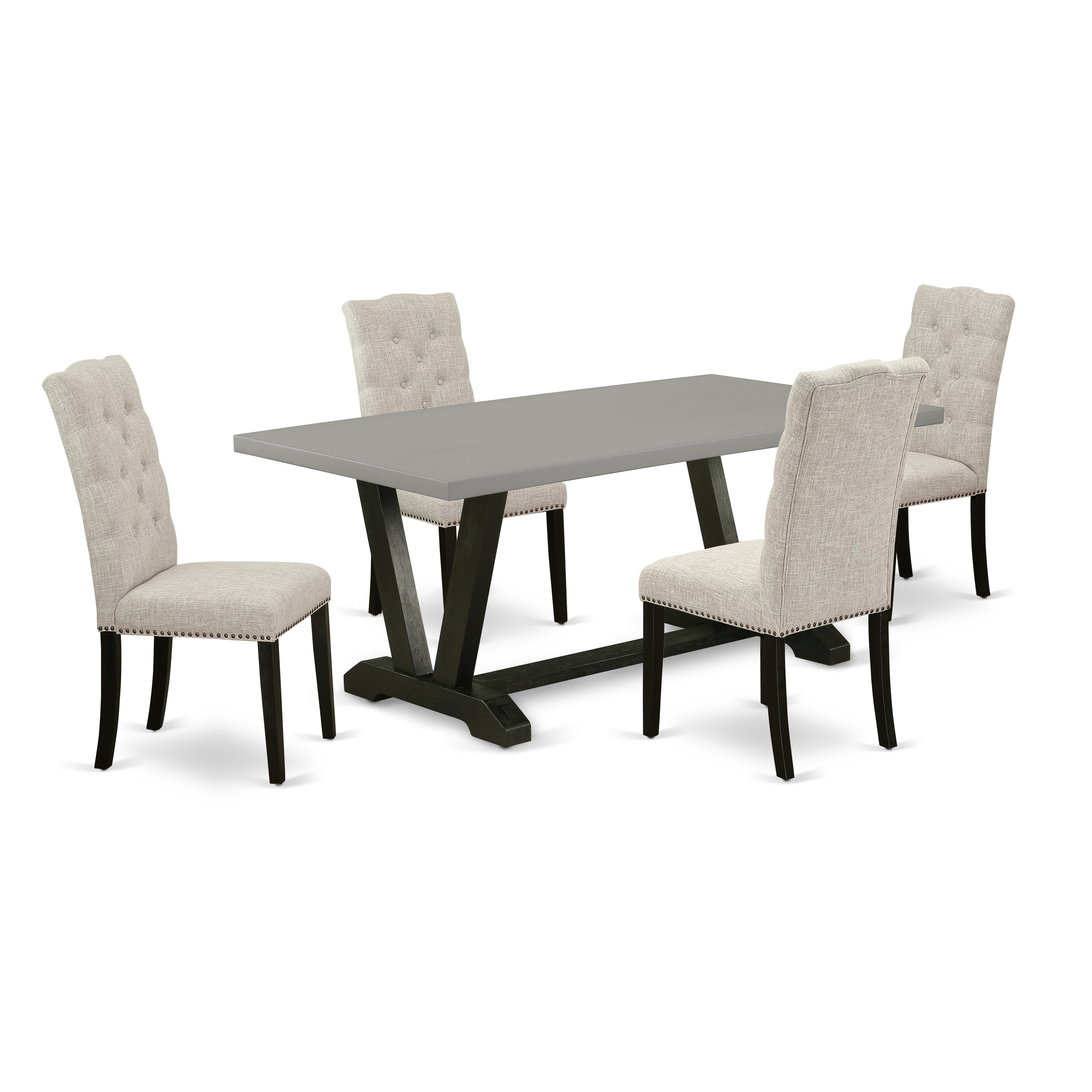 Juego de mesa de comedor moderna de 5 piezas East West Furniture V697EL635-5. Incluye una mesa rectangular de madera con patas en V y 4 sillas de comedor Parsons de tela de lino y piel de venado.