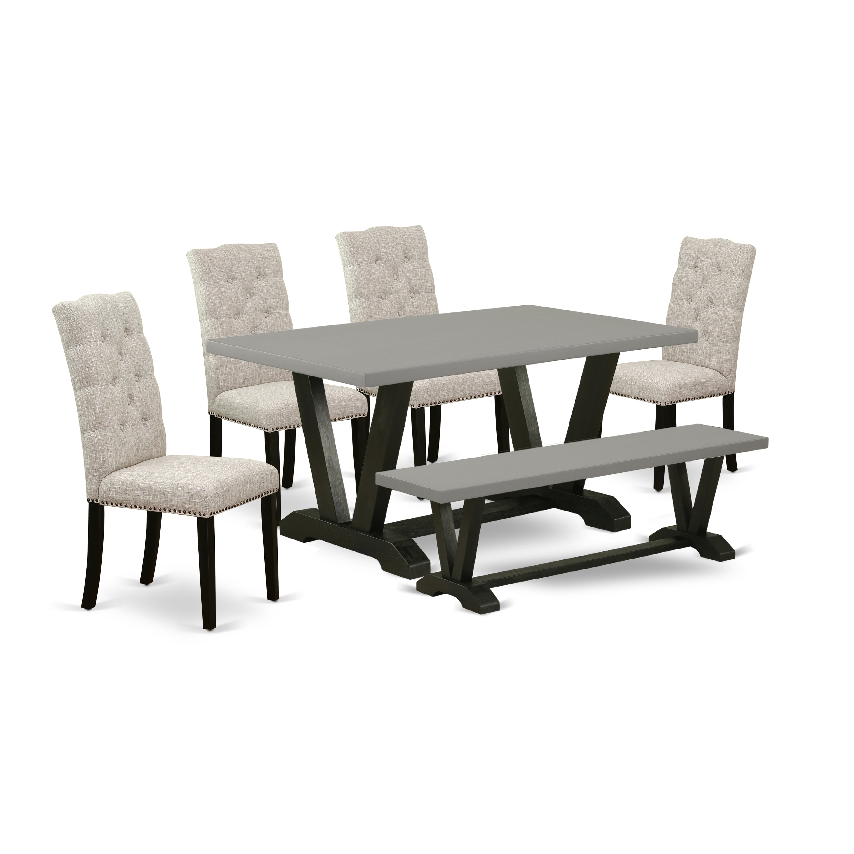 Juego de mesa de comedor de 6 piezas East West Furniture V697EL635-6. Contiene una mesa de comedor rectangular con patas en V y 4 sillas Parson de tela de lino y piel de venado con un banco.