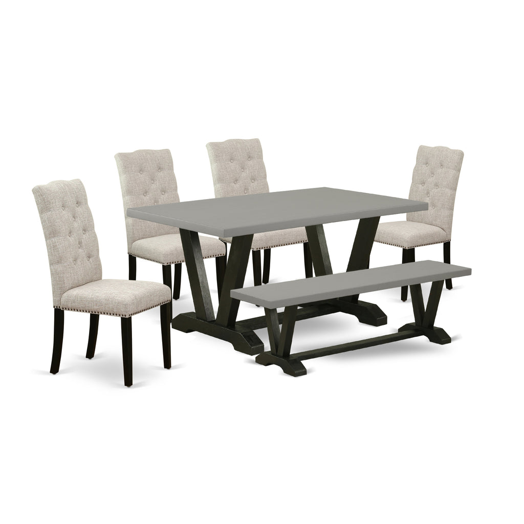 East West Furniture V697EL635-6 6 Piece Dining Table Set Contains a Rectangle Dining Room Table with V-Legs and 4 Doeskin Linen Fabric Parson Chairs with a Bench