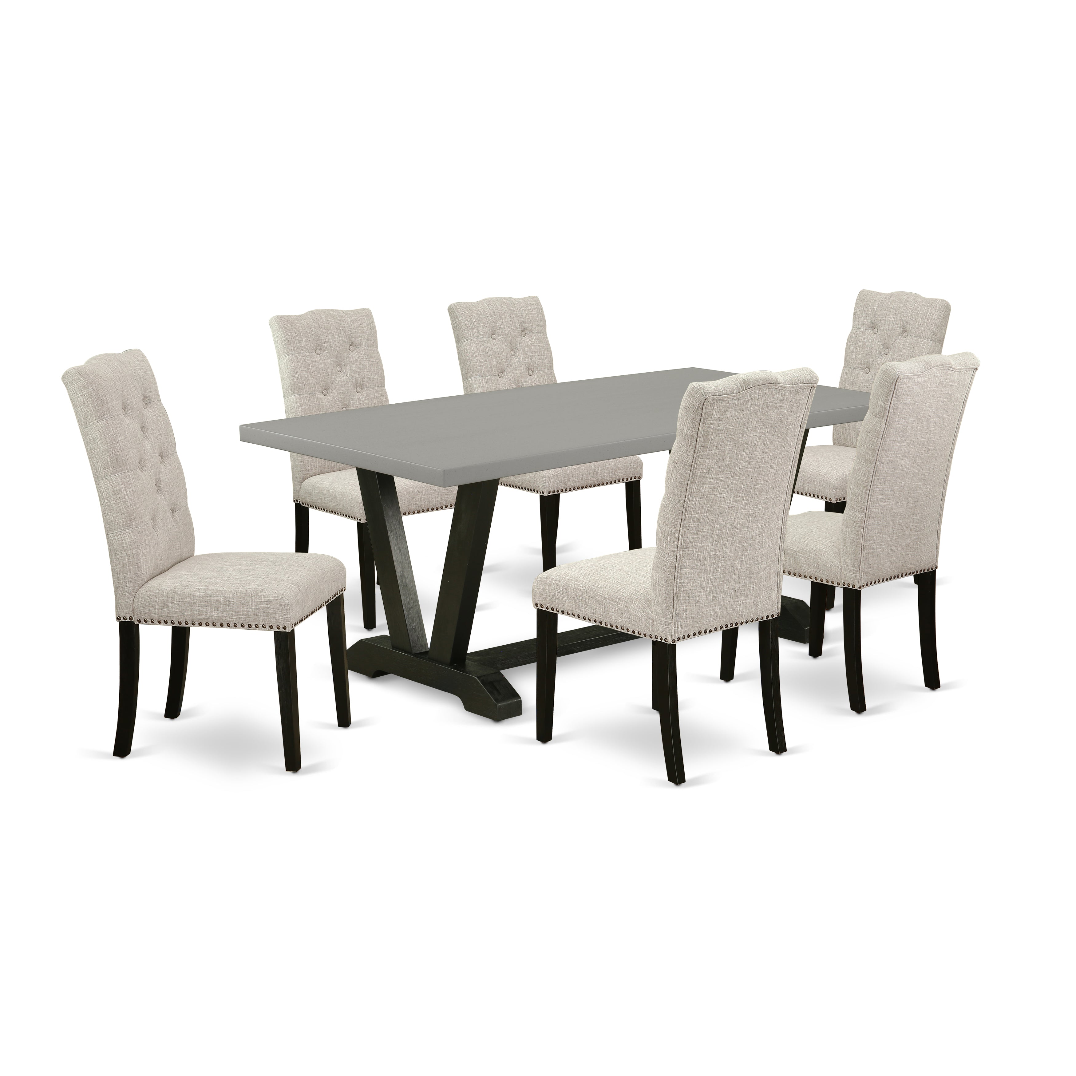Juego de mesa y sillas de cocina de 7 piezas East West Furniture V697EL635-7. Incluye una mesa de comedor rectangular con patas en V y 6 sillas Parson de tela de lino y piel de venado.