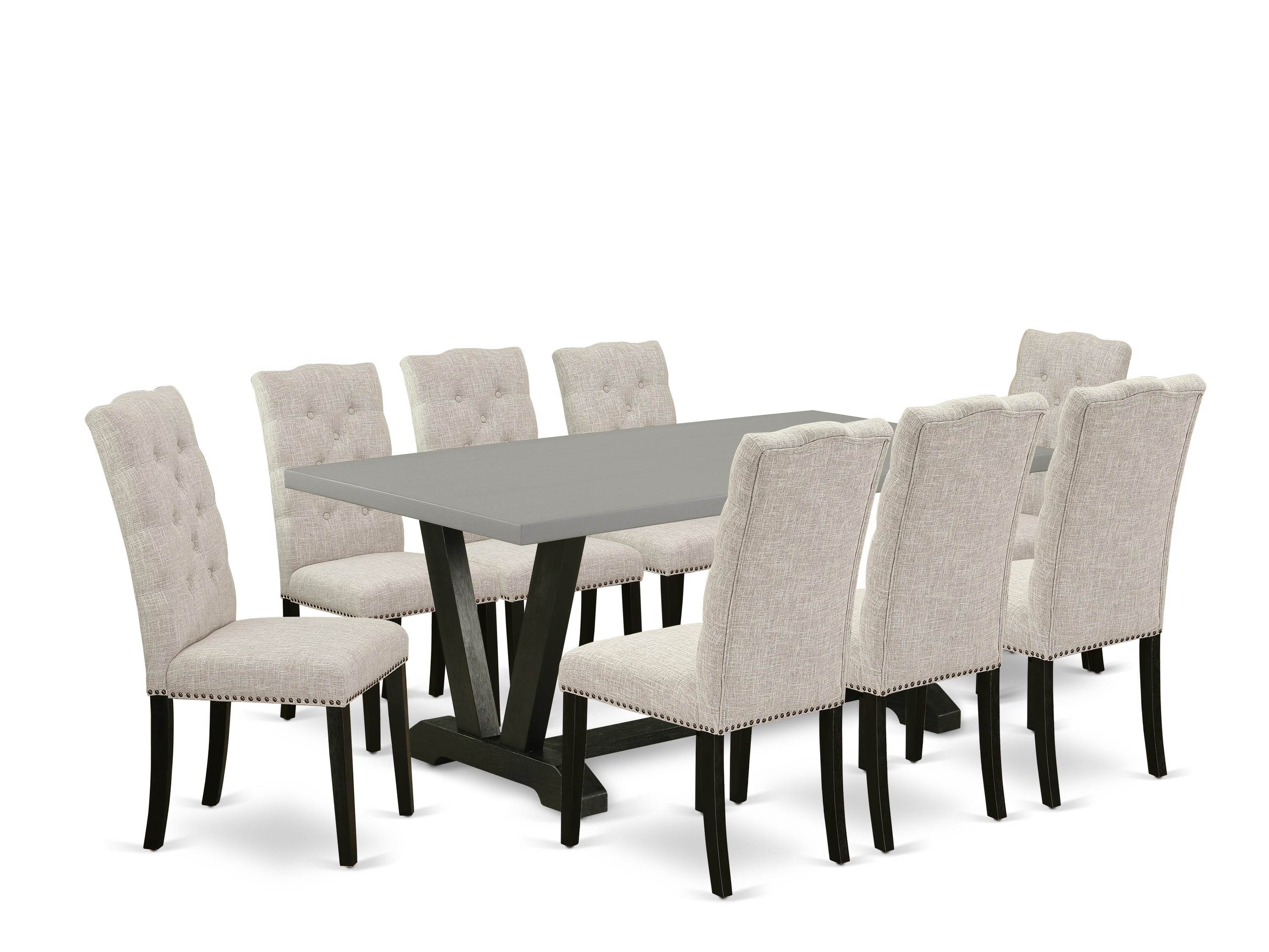 East West Furniture V697EL635-9 9-Piece Dining Set an Excellent Cement Color Kitchen Table top and 8 beautiful Dining chairs with Nail Heads and Button Tufted, Wire Brushed Black Finish