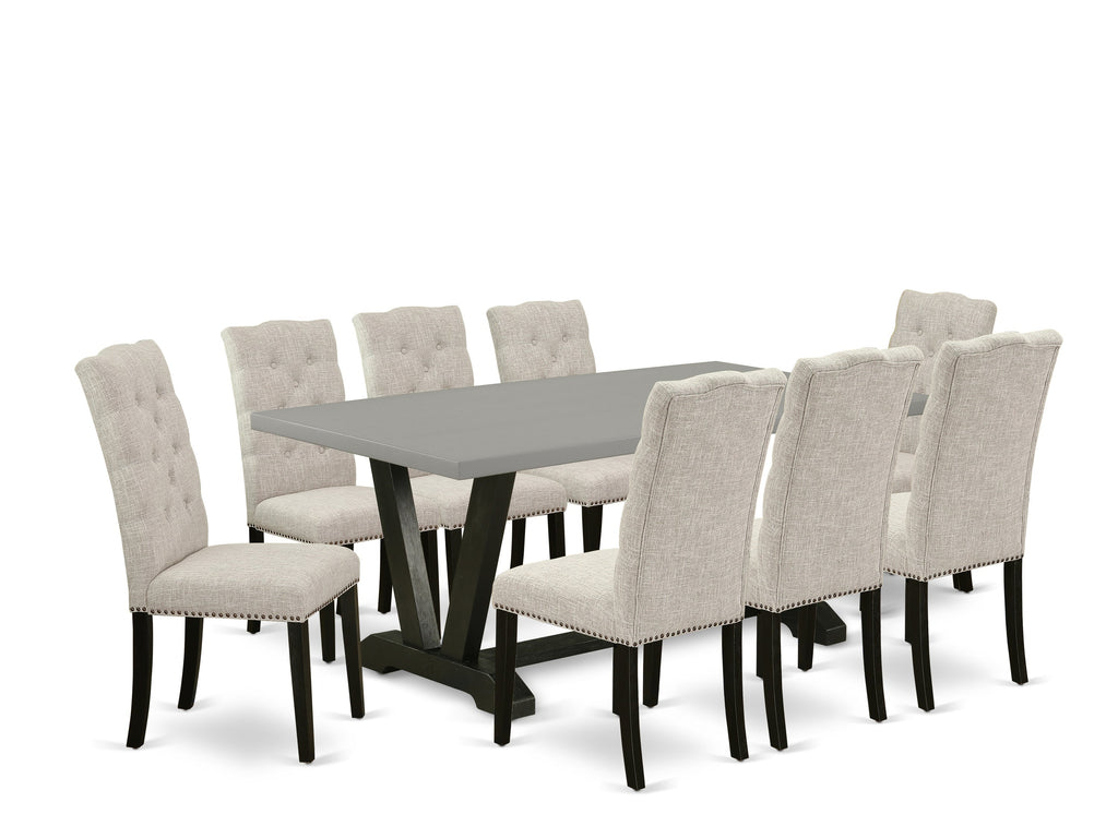 Juego de comedor East West Furniture V697EL635-9 de 9 piezas. Incluye una mesa de comedor rectangular con patas en V y 8 sillas Parson tapizadas en tela de lino y piel de venado.
