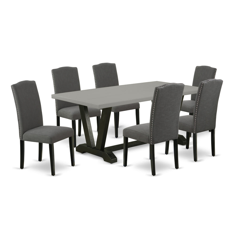 East West Furniture V697EN120-7 7 Piece Kitchen Table Set Consist of a Rectangle Dining Table with V-Legs and 6 Dark Gotham Linen Fabric Parson Dining Chairs